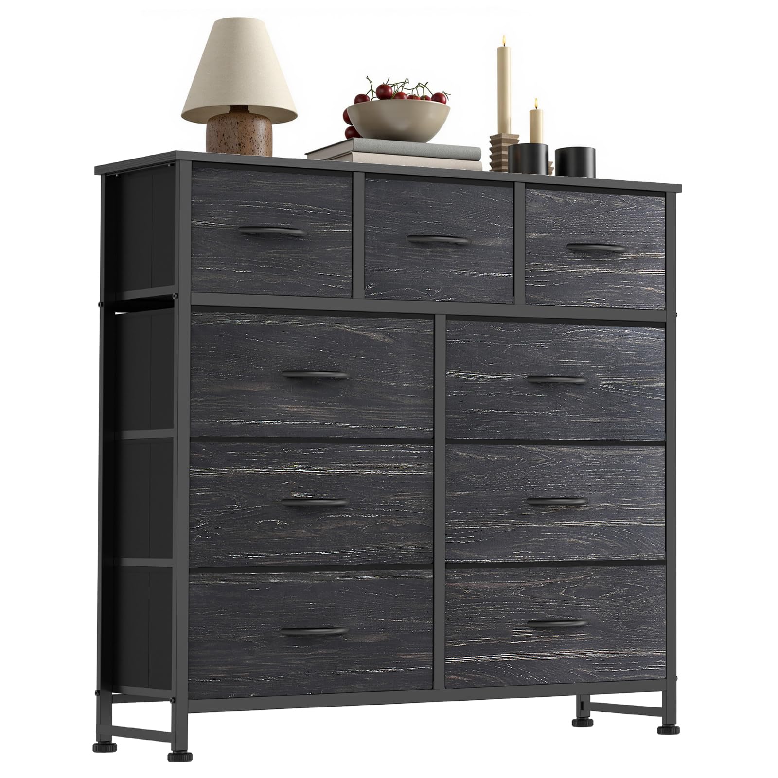 Sweetcrispy 9 Drawer Fabric Dresser Storage Tower with Wood Top and Steel Frame, Organizer Chest with Easy Pull Handles for Bedroom, Closet, Hallway,