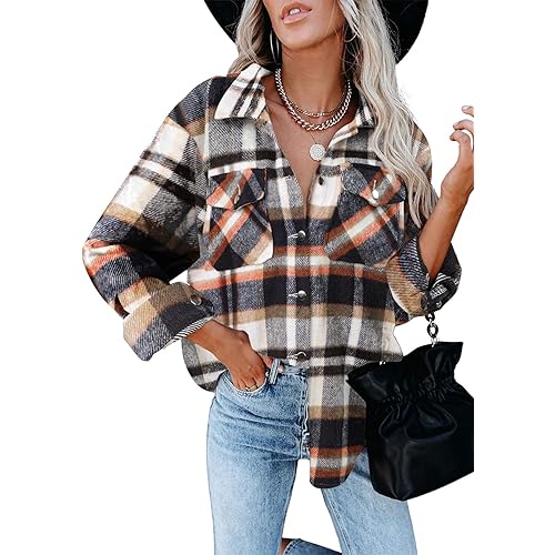 AUTOMET Womens Fall Outfits Fashion Clothes Shackets Flannel Plaid Button Down Long Sleeve Shirts Jackets