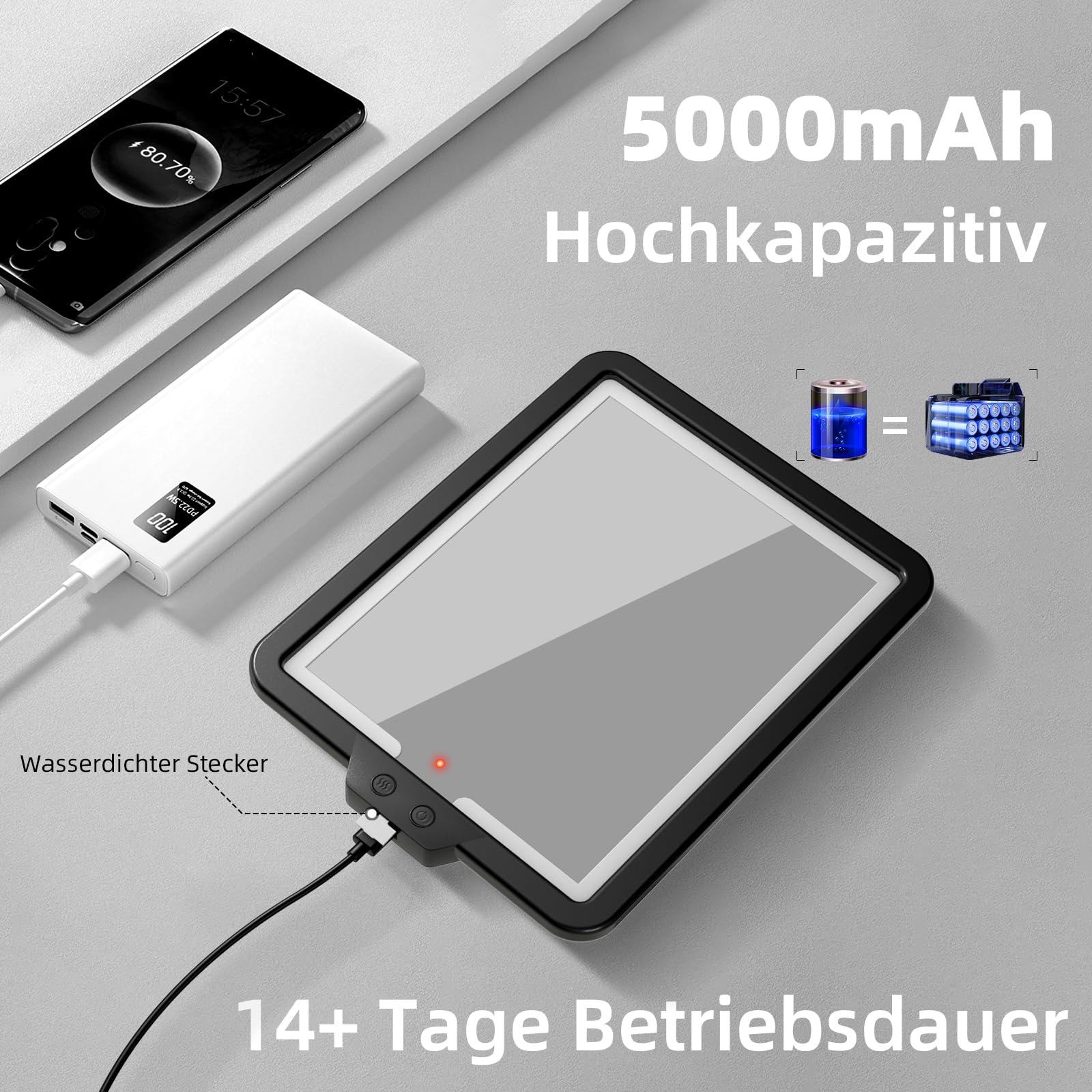 Rasierspiegel Beschlagfreier Duschspiegel mit Licht, groß 23 * 17,5cm Beheizter AntiBeschlag Dusch-Rasierspiegel 3 Farbmodi dimmbares Licht, mit Ablagefach & Rasierklingenhalterung