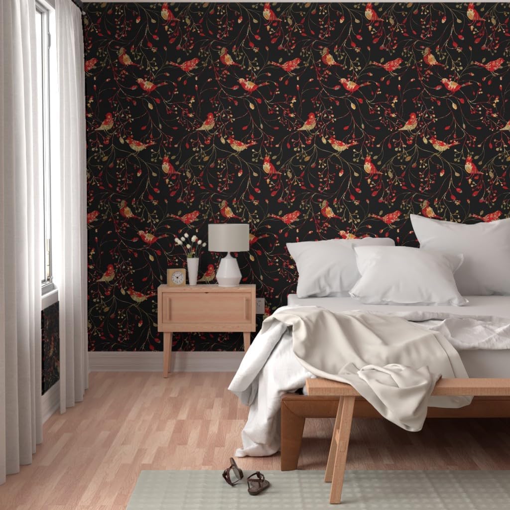 Peel & Stick Wallpaper Swatch - Christmas Floral Red Birds Branches Winter Bird Holiday Berries Botanical Tree Branch Black Gold Custom Removable Wallpaper by Spoonflower