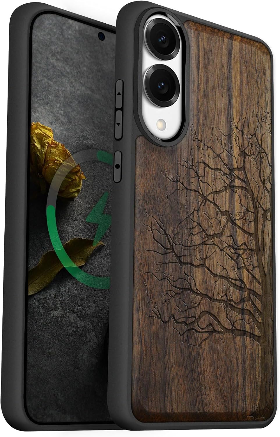 Carveit Magnetic Wooden Case for Samsung Galaxy S25 Edge Case 2025, TPU Shockproof Cover & Wood Artisan Engraved, Compatible with MagSafe Wireless Chargers (Eternal Tree) Walnut