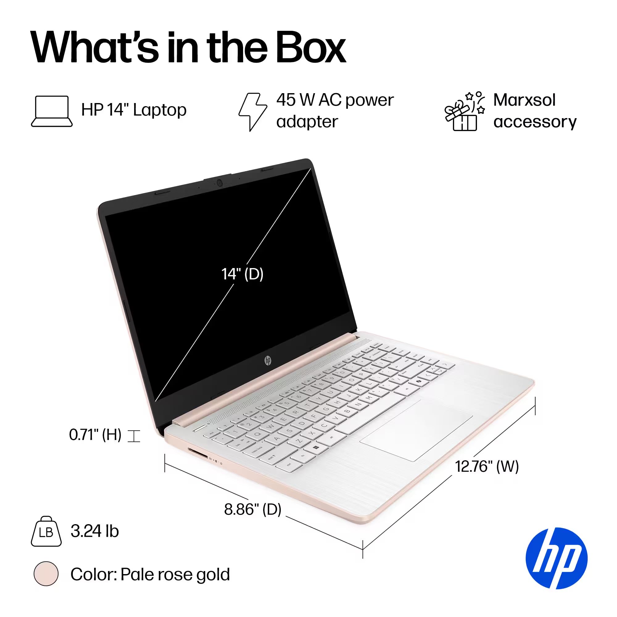 HP 14" Laptop Thin and Light for 2026 Student Business with Office Suite, Copilot AI, Intel CPU Up to 2.8GHz, 16GB RAM, 628GB Storage (128GB SSD+500GB Ext), WiFi 6, Win 11 Pro, MarxsolAddon, Rosegold — view 9