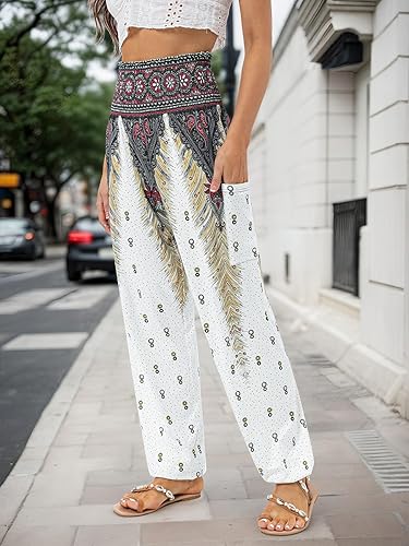 Miniatura 6 de QIANXIZHAN - Pantalones harén para mujer, pantalones bohemios de yoga con cintura alta y bolsillos