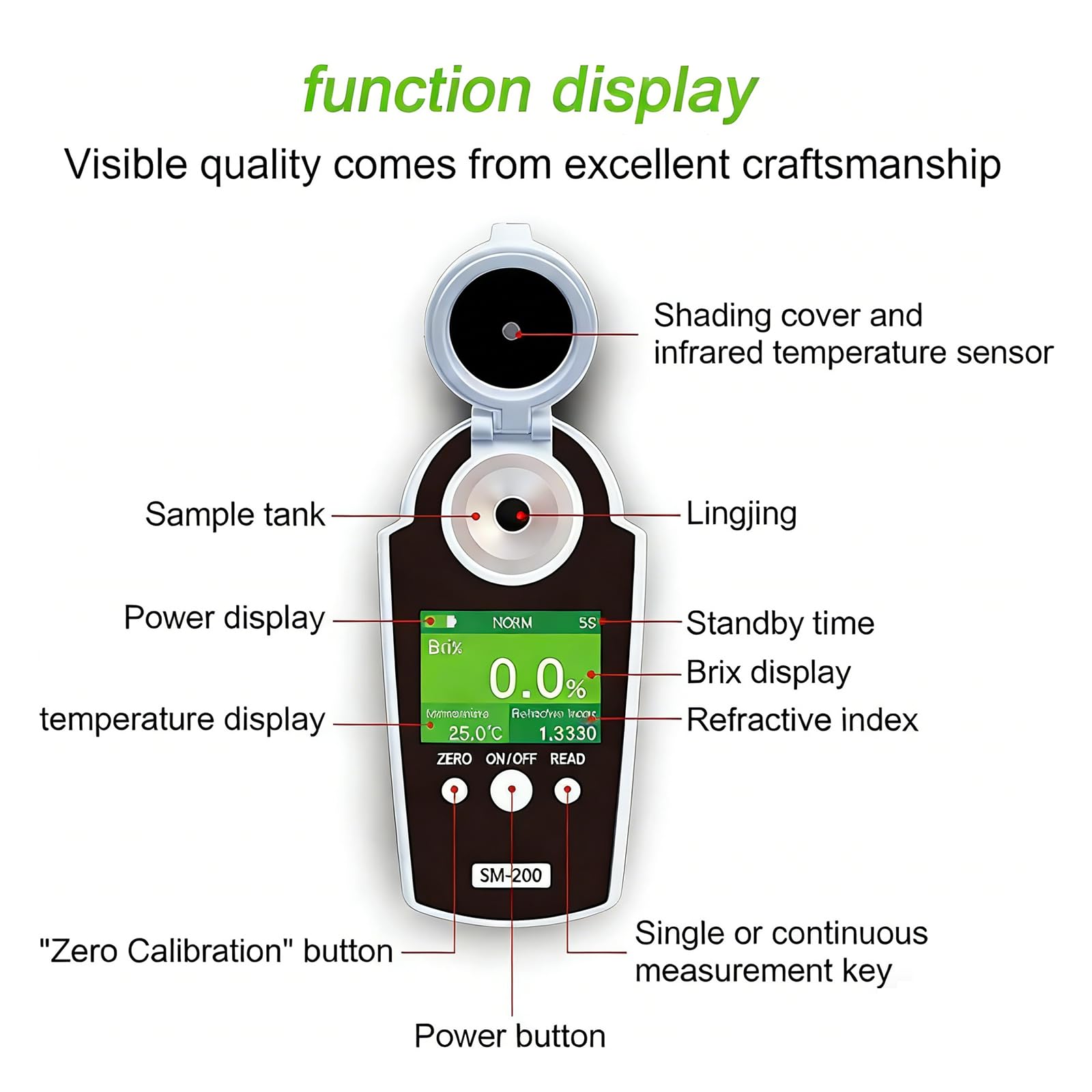 Refractómetro digital Brix para medir la concentración de azúcar de frutas, rango 0-95%, ATC 10-40°C, precisión ±0,2%, ideal para frutas, bebidas y dulces