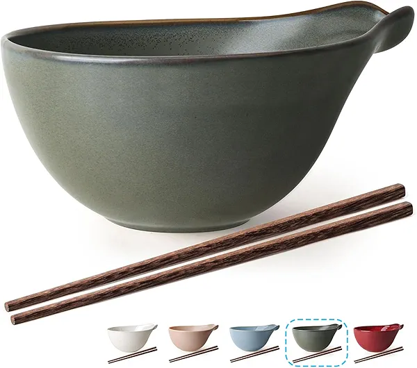Artena Ramen Bowl with Chopsticks, 42oz Ceramic Noodle Bowl, Large Soup Bowl, Pasta Bowl Set, Big Salad Bowl, Deep Pho Bowl for Dumplings, Cereal, Rice, Dishwasher Microwave Safe, Gourd Design, Olive