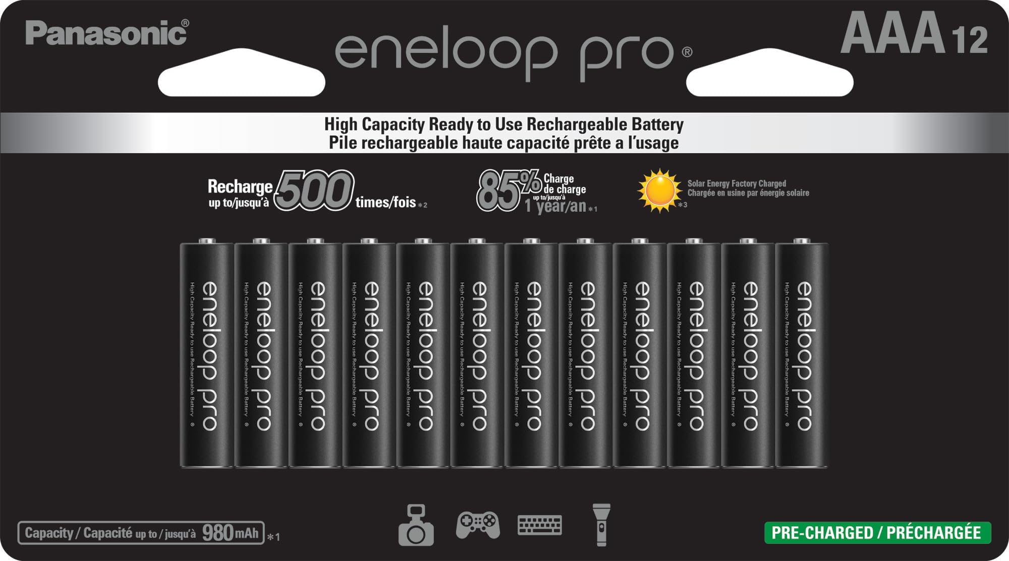 Eneloop Panasonic BK-4HCCA12FA pro AAA High Capacity Ni-MH Pre-Charged Rechargeable Batteries, 12-Battery Pack