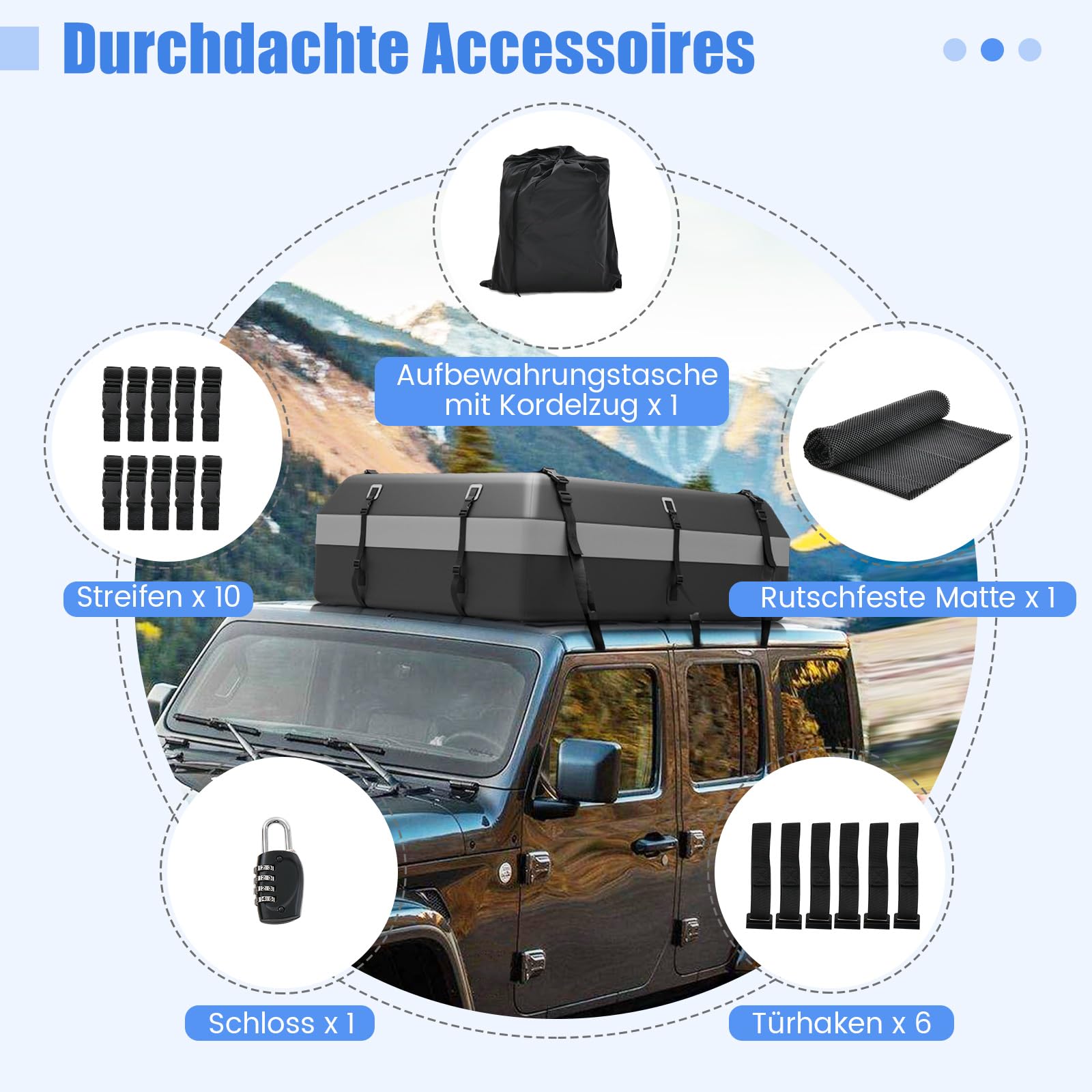 COSTWAY 600L Dachbox für Auto, 600L Dachkoffer wasserdicht mit 6 Türhaken, Zahlenschloss, Rutschfester Matte & Tragetasche, Faltbare Dachtasche Gepäckbox für Autos, Vans, SUVs (Grau)