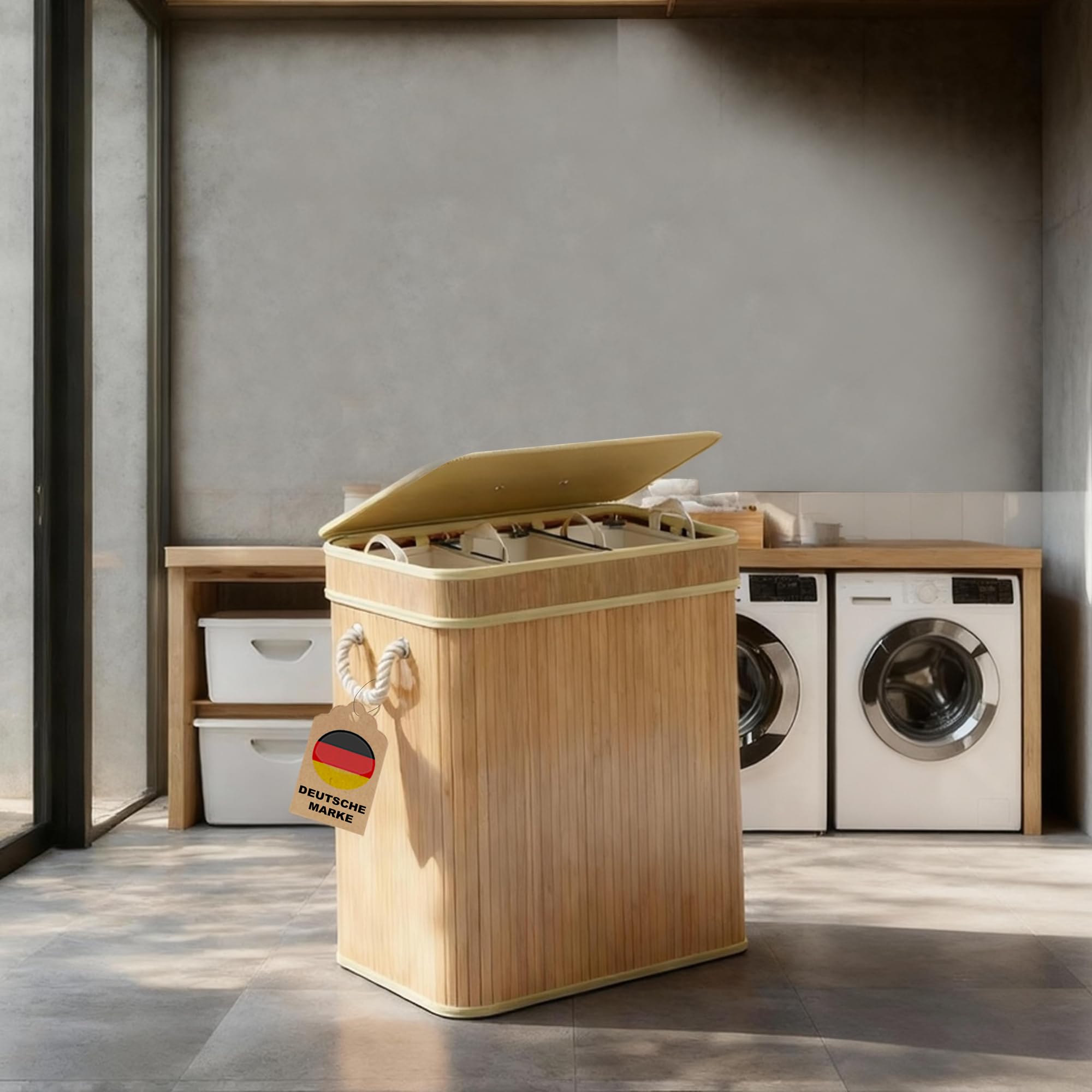 AdelDream Wäschekorb 150L, 3 Fächer Wäschesammler mit Deckel, Bambusoptik | Wäschesortierer 3 x 50L, 3 einzeln herausnehmbare Säcke, faltbar, Naturfarbe