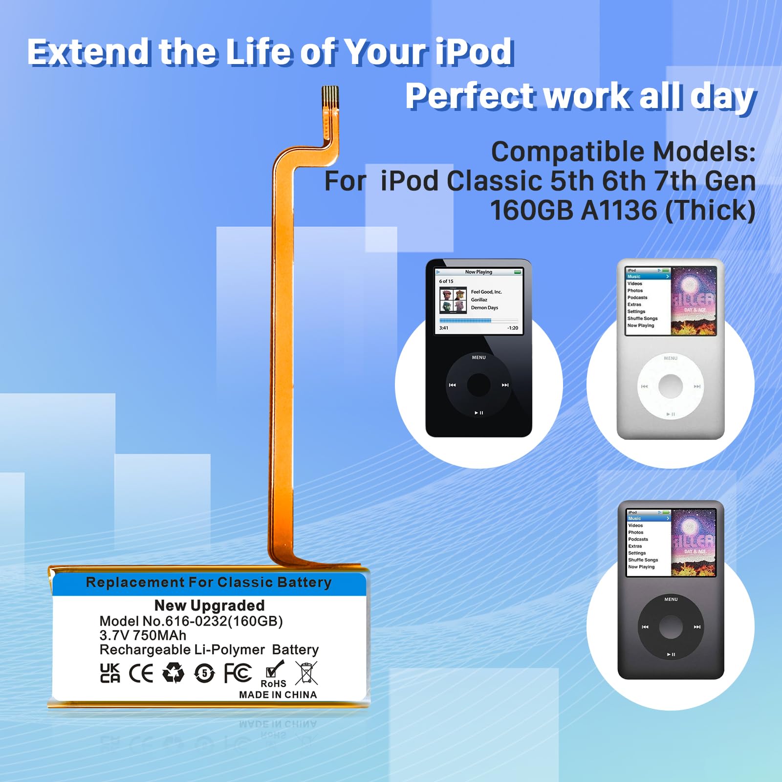 KOOAQQ 616-0232 Battery,750mAh High Capacity Battery Replacement Compatible with iPod 5th-7th Generation Video Classic A1136 A1238 7th 160GB 5th 30GB