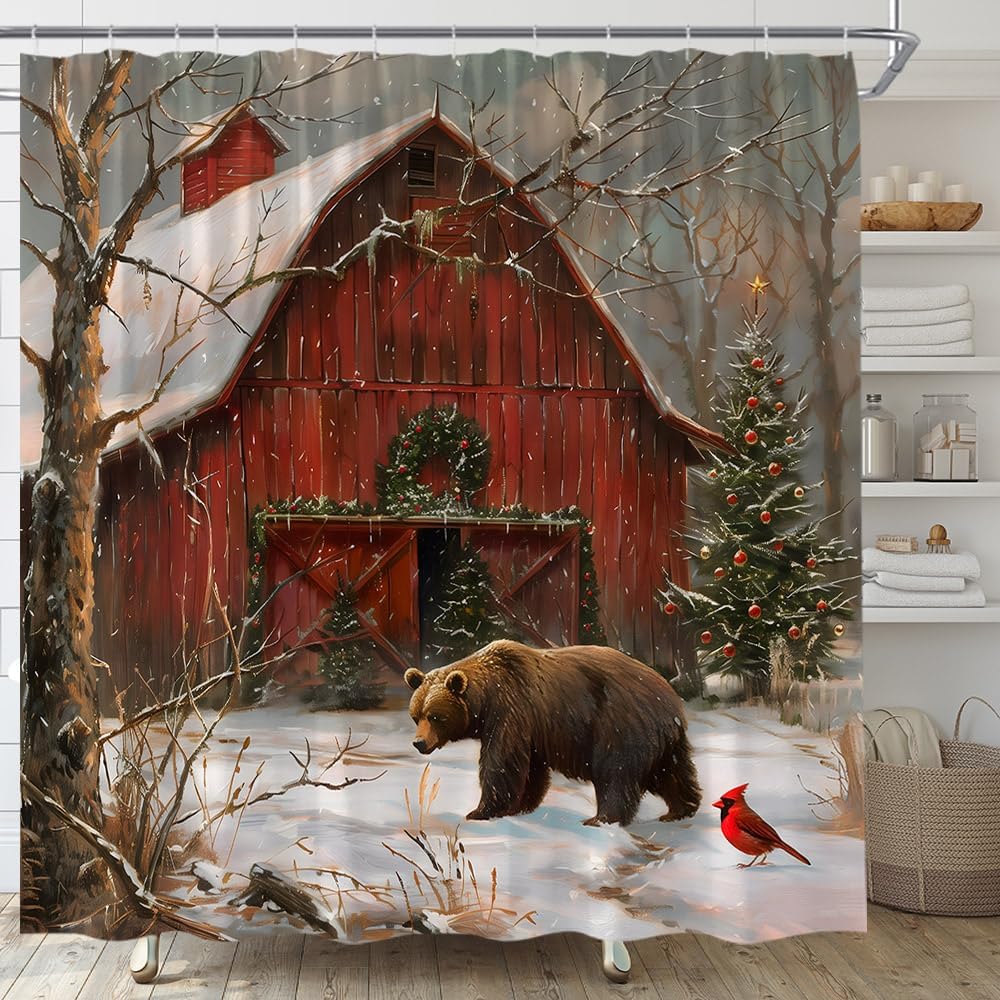 AMFD Farmhouse Christmas Shower Curtain Vintage Farm Barn Rustic Bear Red Bird Snow Xmas Tree Winter Holiday Bathroom Curtains Decor Fabric Set Include Hooks,(70" Wx84 H)