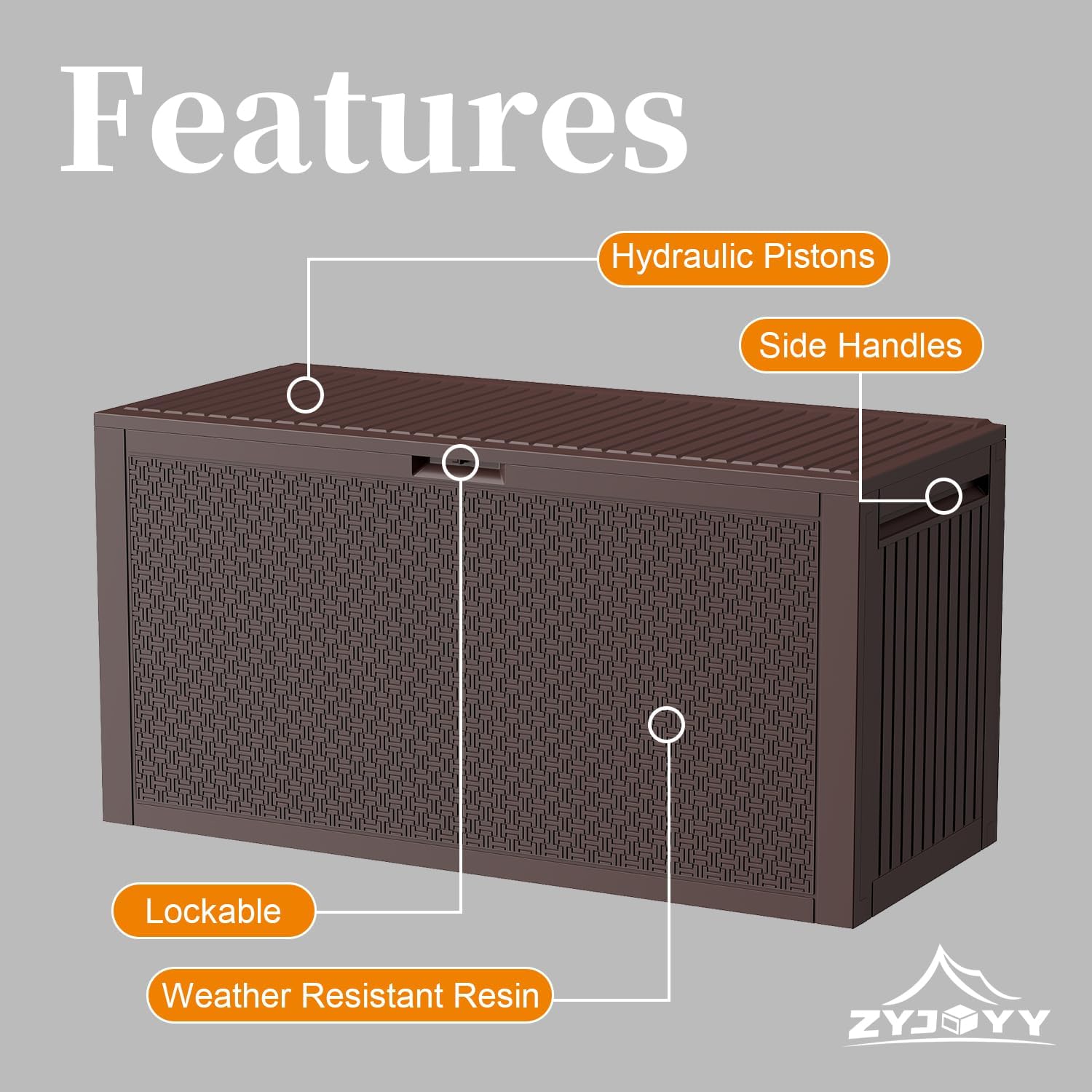 ZYJOYY 90 Gallon Resin Deck Box, Weatherproof Outdoor Storage Box for Patio, Garden, Pool, and Yard, Lockable Waterproof Bin for Tools, Cushions, and Accessories, Brown - Image 3