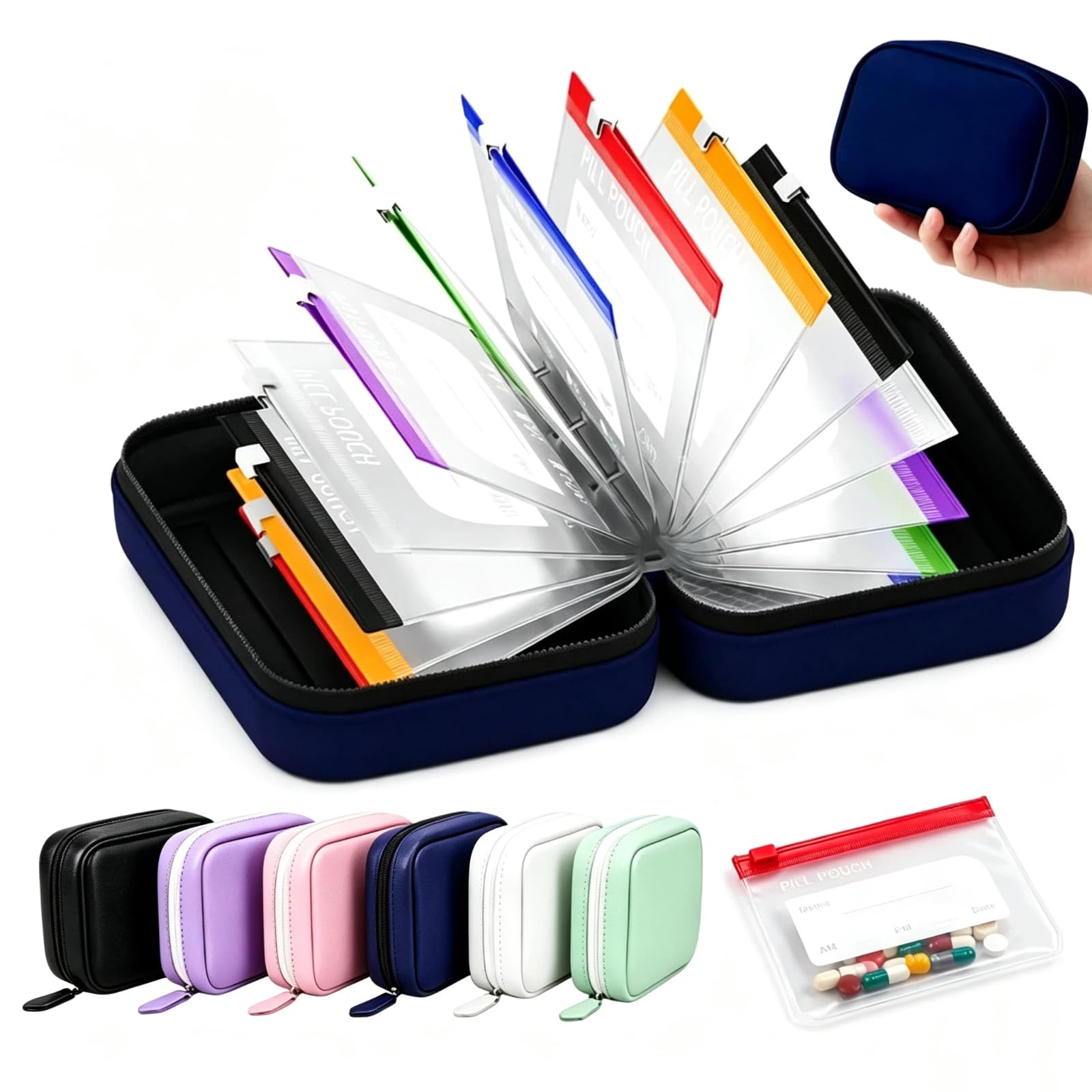 Travel Pill Organizer Bag with 14 Reusable A8 Pill Pouches (Blue)