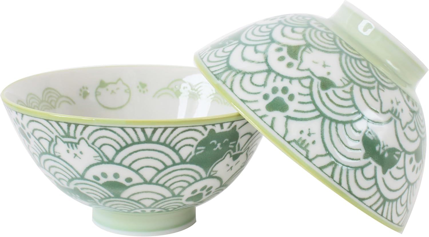 Mino ware Japanese Pottery Pair Rice Bowl Cat with Wave Pattern (set of 2) made in Japan (Japan Import) MUC203(Green)