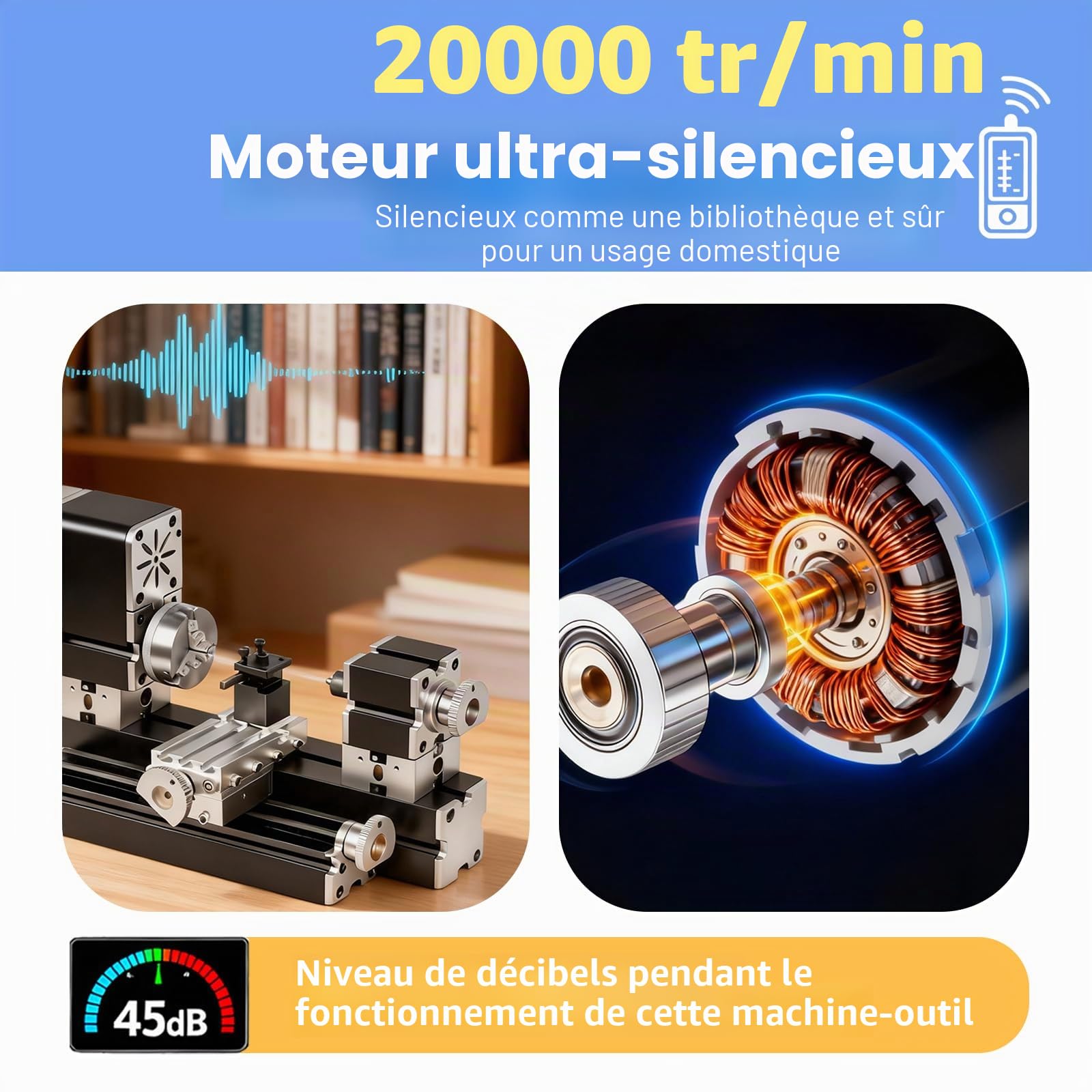 Tour miniature entièrement en métal 36 W 20 000 tr/min Mini machine de tour en métal pour les amateurs de travail du bois