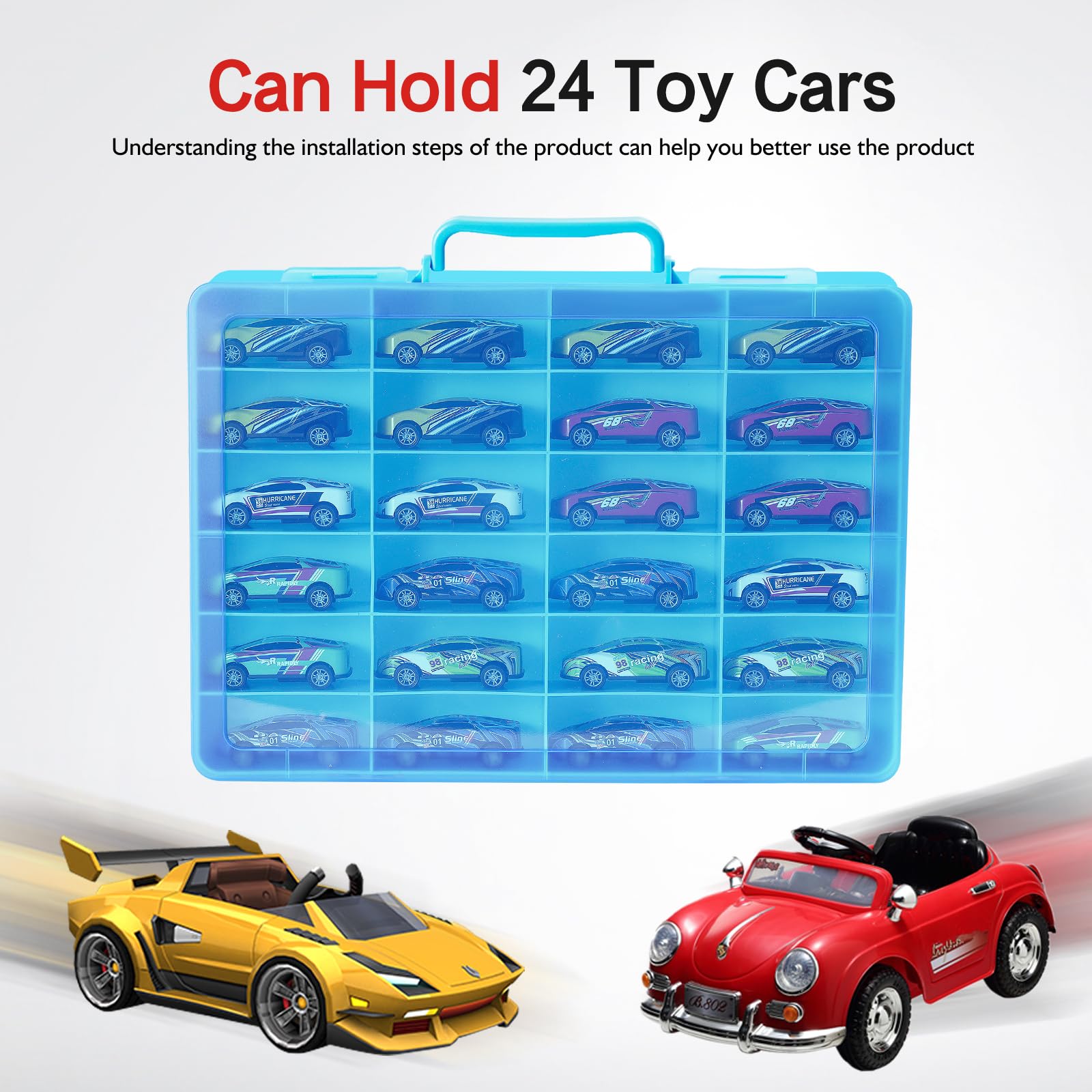 RHCOM Toy Storage Organizer Case for Hot Wheels Car for Matchbox Cars for Mini Toys for Small Dolls. Carrying Box Container Carrier with 24 Compartments.(Box Only) (Blue) - Image 4