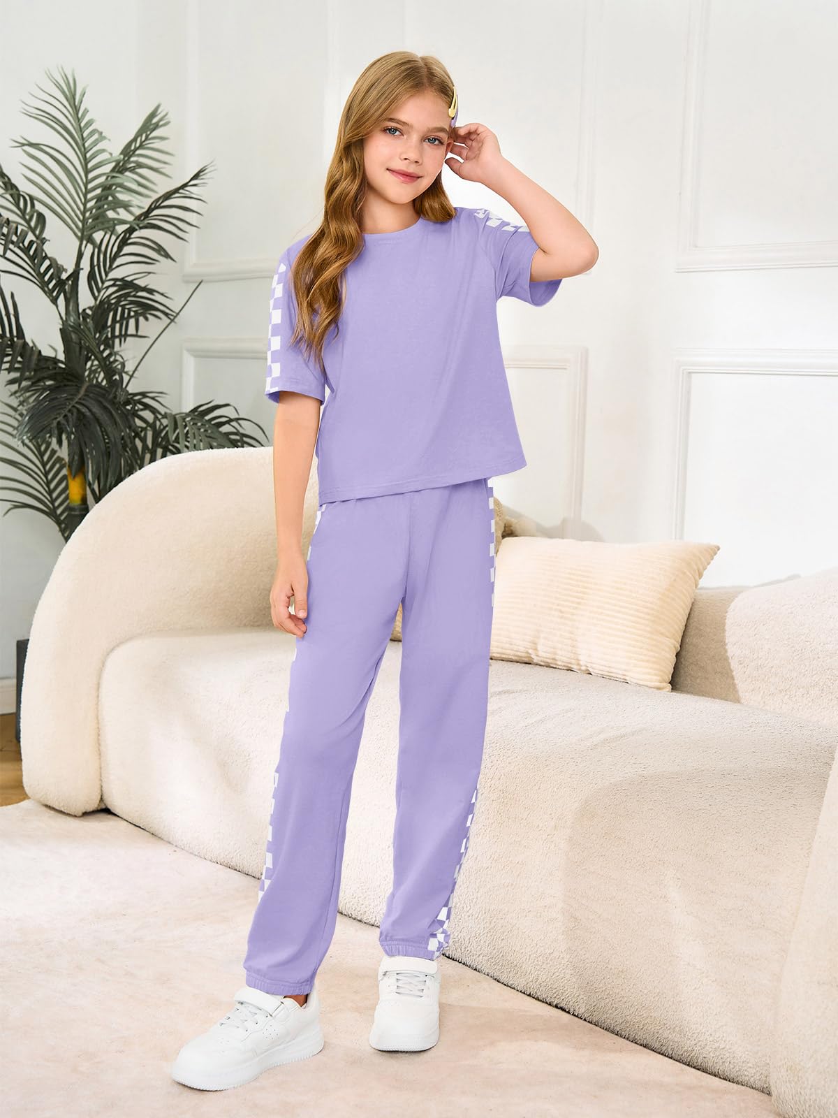 Haloumoning Conjunto de 2 piezas para niñas de verano a cuadros de manga corta y pantalones, conjunto de ropa de moda