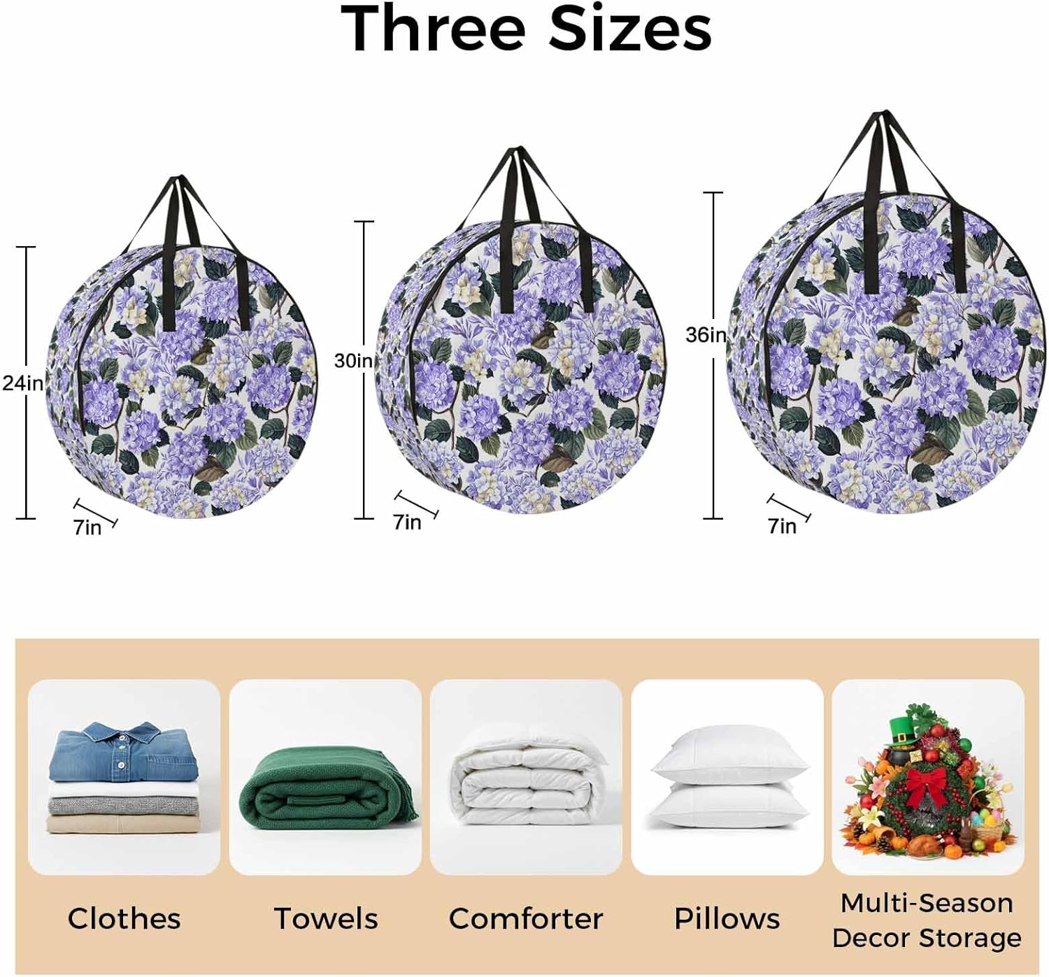 24 Inch Round Storage Bag 2 Pack,Purple Flower Leaves Hydrangea Waterproof Wreath Storage Container with Handles&Zipper Watercolor Floral Seamless Closet Organizer Bags Garland Box