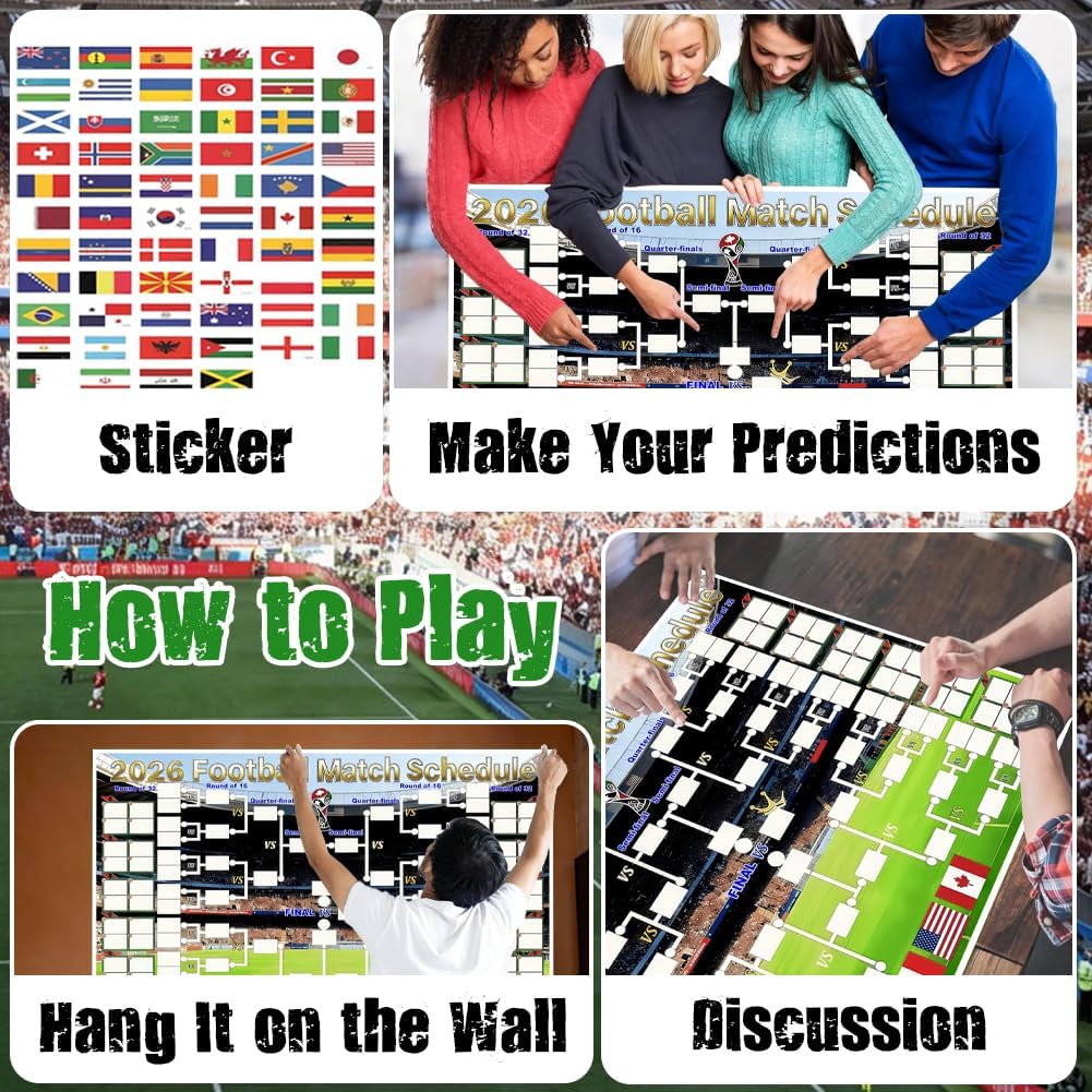 Suxxyyds 2026 Worlds Cup Schedule Poster, Worlds Cup Bracket Poster 2026, 59 x 35-Inch Wall Chart with 2 Sets of Reusable National Flag Stickers, 64 Country Flags, For Watch Parties and Office Pools