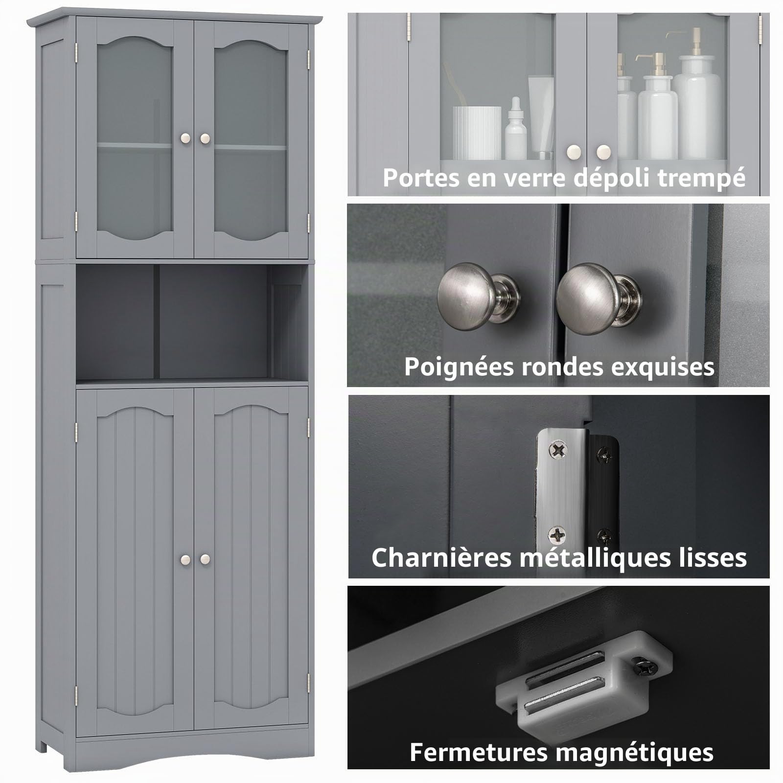 LIFEZEAL Armoire Haute de Salle de Bain avec Portes Vitrées (Gris)