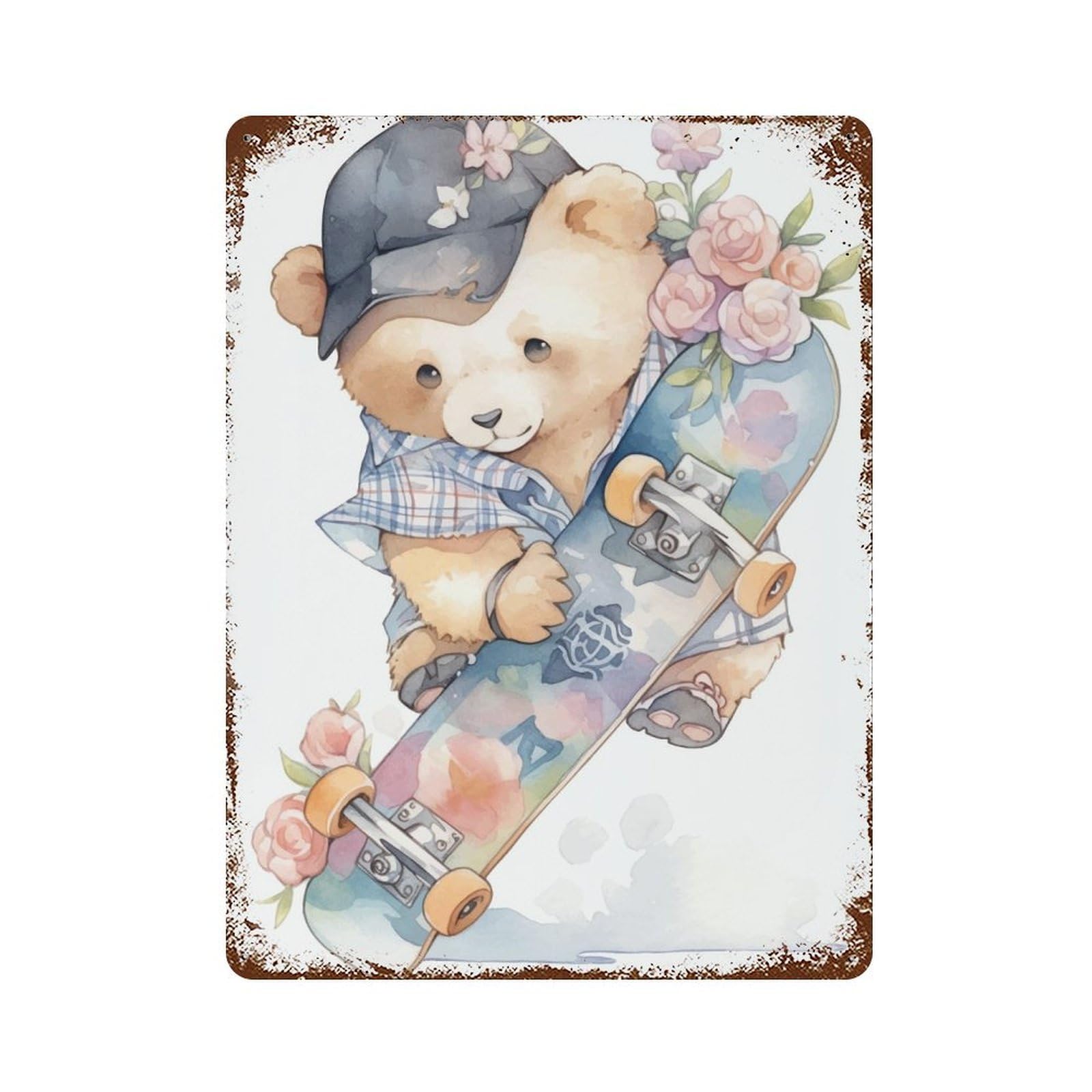 Teddy Bear with Skateboard 15.7"x11.8" Vintage Rust Metal Sign, Novelty Wall Decor for Living Room, Hallway And Home Decor
