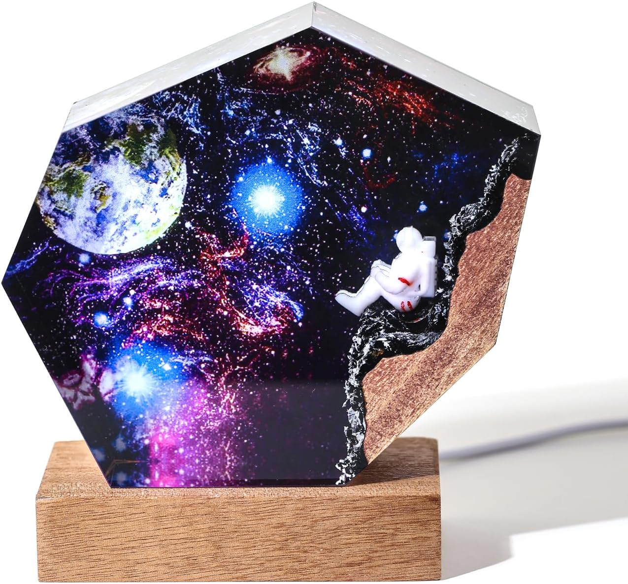 Galaxy Lamp, Resin Cosmo Statue,RGB Table Night Light with Wood Base, Handmade Resin Art Piece Birthday Valentine's Day Gift for Women, Sci-Fi Lovers, Couple,Unique Room Decor(S,6“x4)