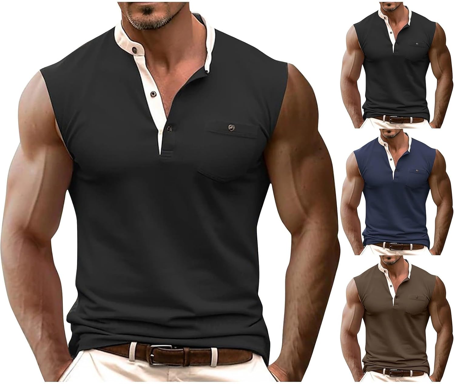 Men's Tank Tops Plus Size Gym Plain Button V Neck Tops with Pocket Bodybuilding Sleeveless T Shirts Summer Sports Tee