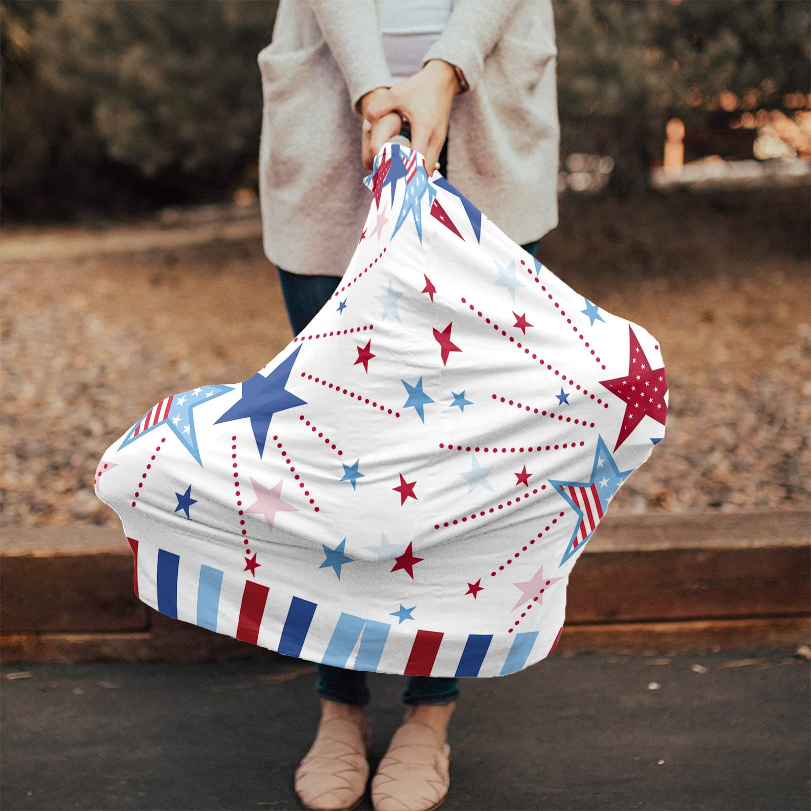 Nursing Cover for Breastfeeding Scarf, Blue and Red Stars Independence Day 4th of July Stripes Baby Car Covers Super Soft Multi Use for Canopy Shopping Cart Cover Blanket Stroller Cover