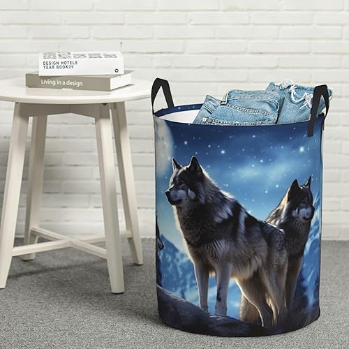 Miniatura 8 de Cesta circular con estampado de lobos, impermeable, organizador de lavandería, con asas, para ropa, juguetes, tamaño mediano