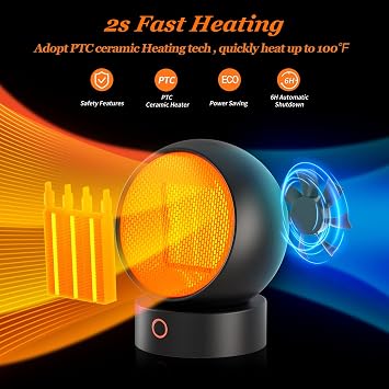 HandFan Desk Heater, 1000W/660W Mini Space Heaters for Office, Cute Personal Electric Heater, Adjustable Air Outlet, 3 Settings, for Bathroom, Bedroom(Mini Black)