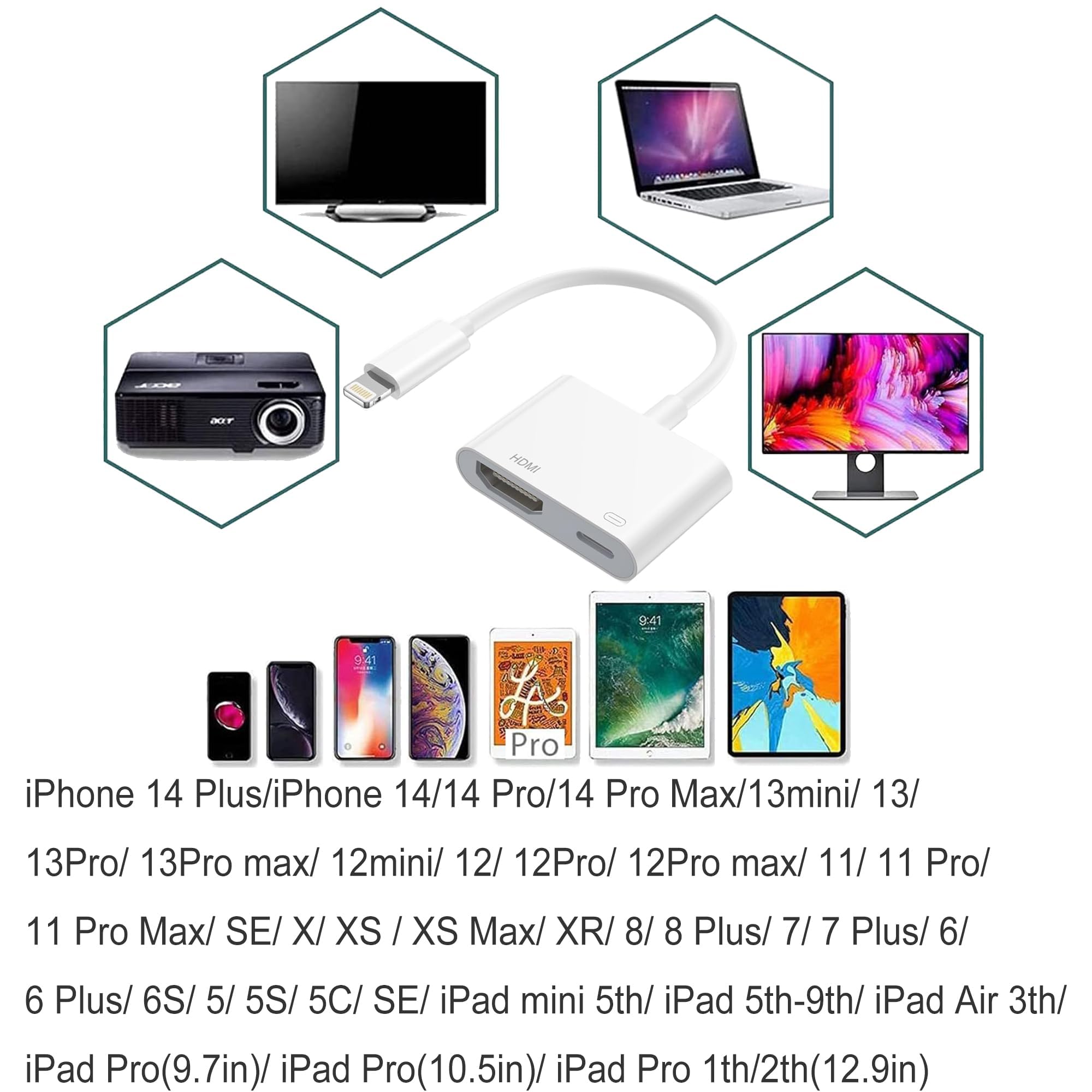 Adattatore HDMI per iPhone [Certificato Apple MFi] - AV Digitale 1080P Sync Schermo Cavo Connector per TV/HDTV/Monitor - Compatibile con iPhone 14/12/11/XS/8/7 e Tutti gli iOS iPad