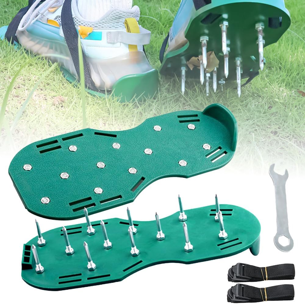 Garden Lawn Aeration Shoes with Spikes, 2025 New Unique Design Free-Installation Heavy Duty Spiked Aerating Sandals, Aerate Lawn Tools One-Size-Fits-All & Easy to Use (Green)