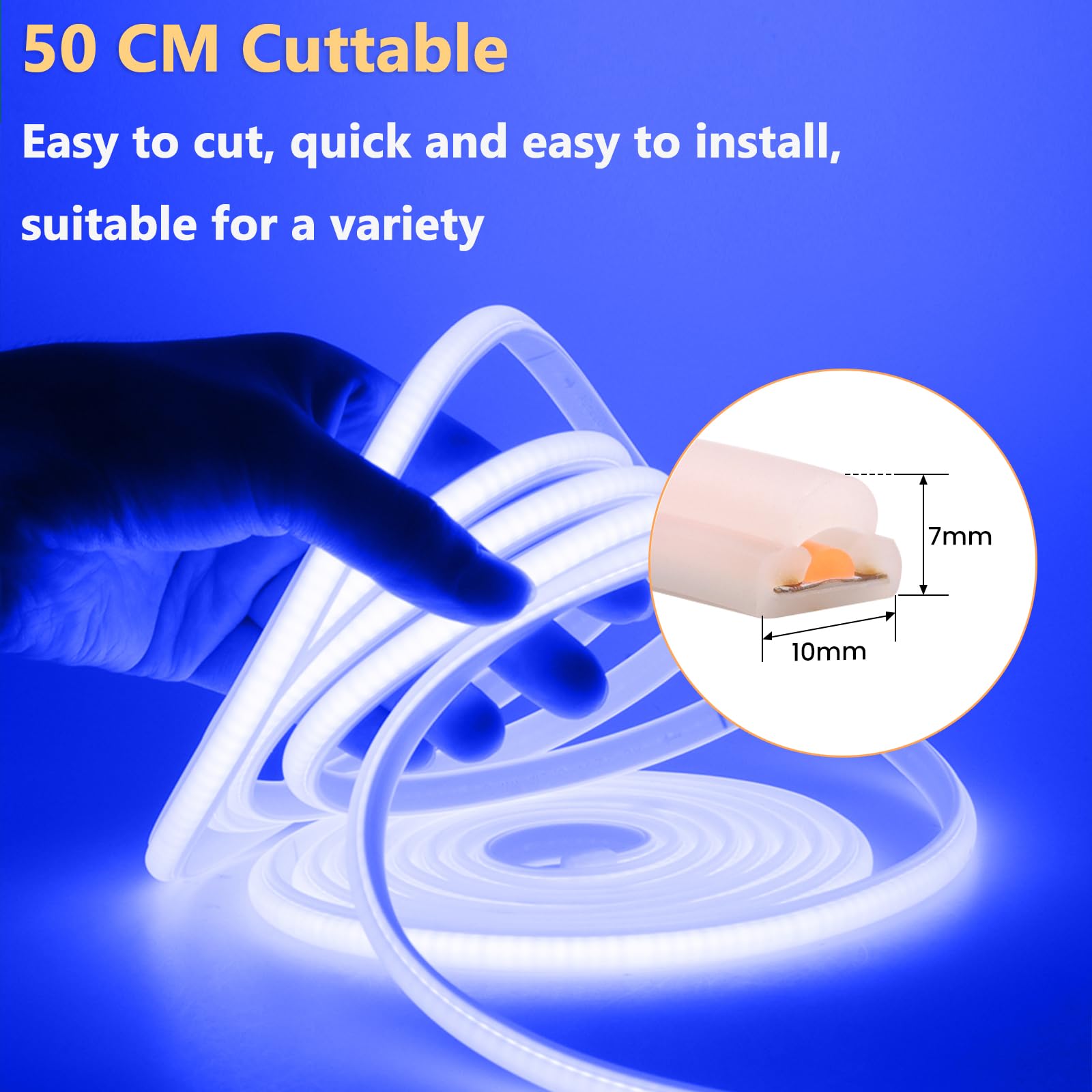 Dimmbar Neon Streifen 230V, COB LED Stripe 288LEDs/M Helligkeit Hohe Weihnachten COB LED Band für Wohnzimmer DIY LED Lichter(Blau，20M)