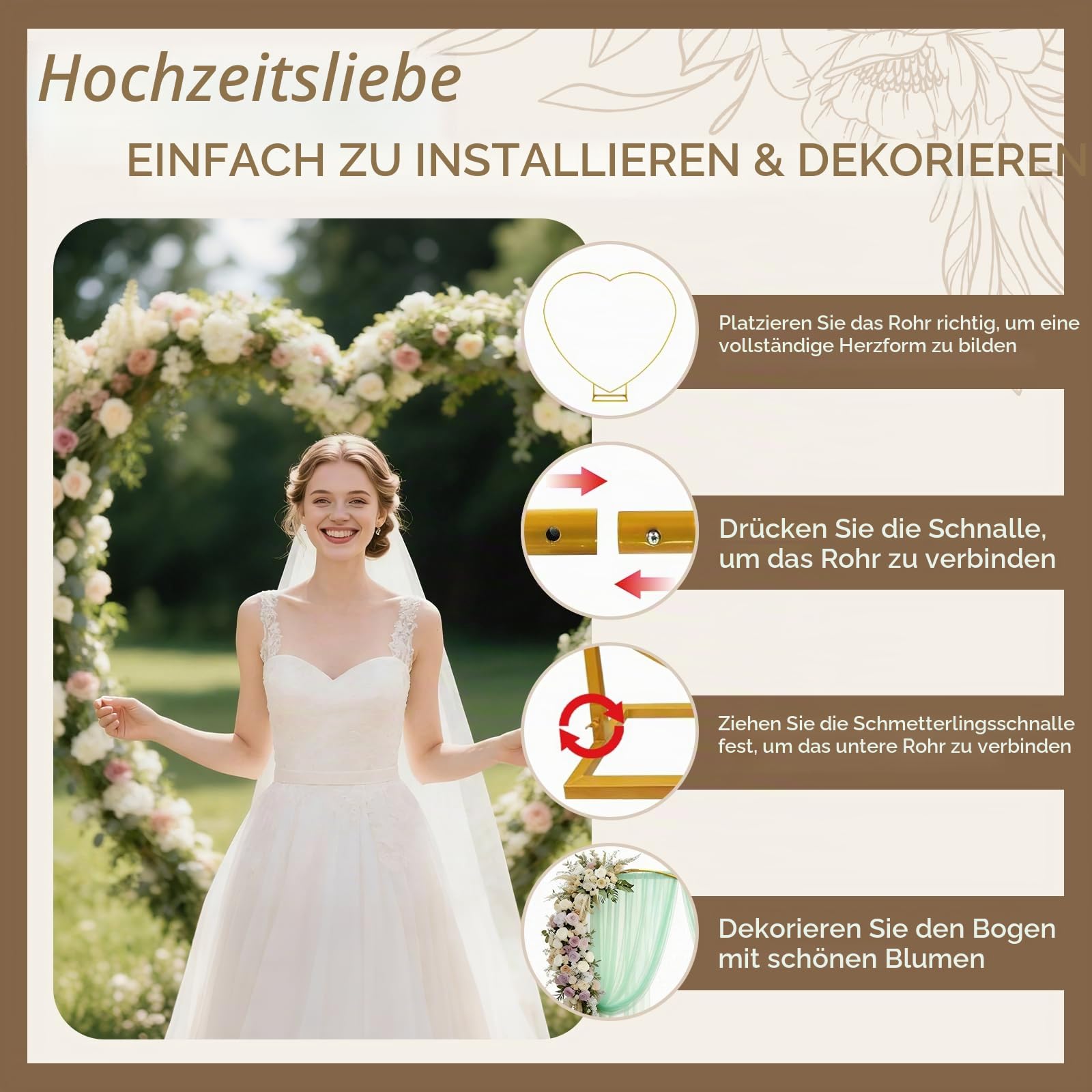 2M Herz Hochzeitsbogen, Metall-Ballonbogen, Loving Heart Balloon Arch Metall Arch Stand, Hochzeit Blumen Herzförmiges Kreis Rahmen Hoop Ständer Ballonbogen Set für Partys, Hochzeiten, Geburtstage