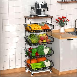 Fruit Vegetable Basket for Kitchen, 5 Tier Stackable Fruit Vegetable Storage Baskets with Wheels, Metal Wire Storage Basket Organizer Cart for Kitchen, Pantry, Bathroom