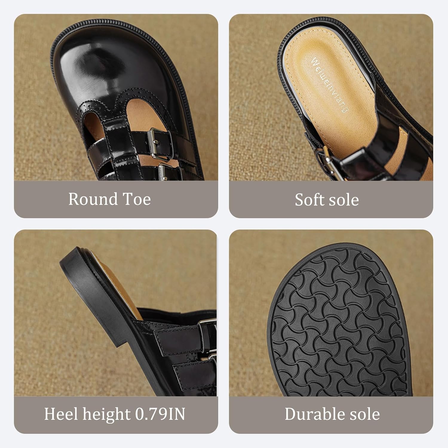 Women Round Toe Low Heel Mules with Buckle Straps Fashion Carved Wingtips Comfort Baotou Flat Slip-On Backless Slingback Mary Janes for Walking Dress Party