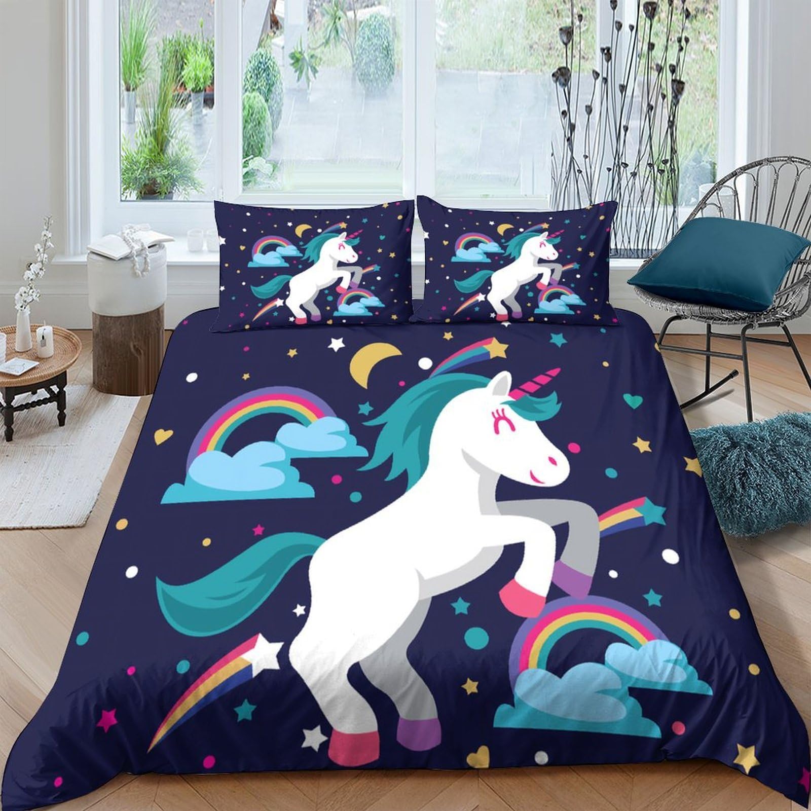 Ctjqhvkz Style-2 3D Printed Unicorn Rainbow Fitted Sheet Microfiber Soft Breathable Night Sky Mattress Cover For Bedroom Dorm Decor Single（135X200cm）