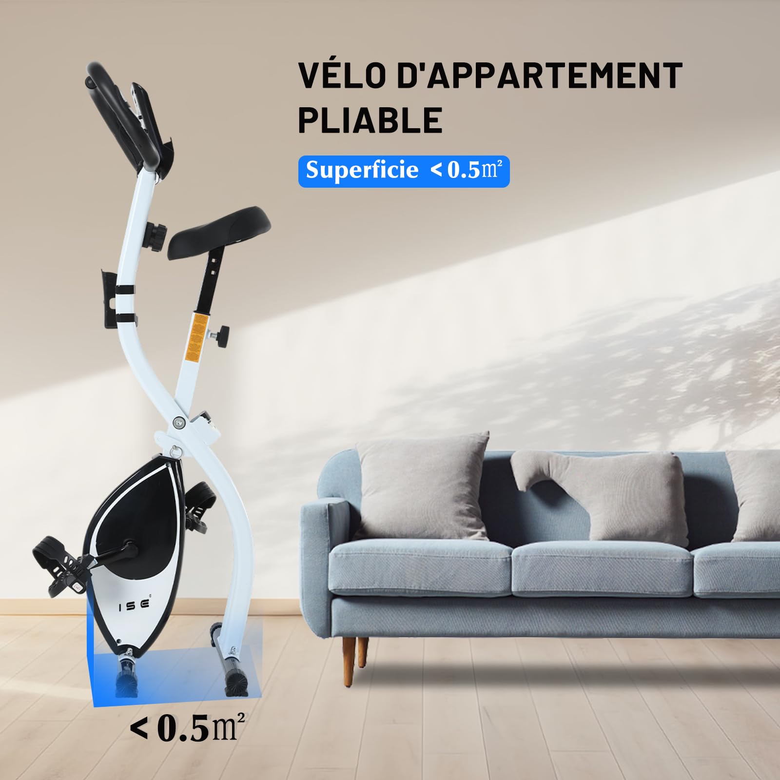 ISE Mini Vélo d'Appartement Pliable, 8 Niveaux Résistance Magnétique, Ecran LCD, Capteur de Fréquence Cardiaque, Blanc
