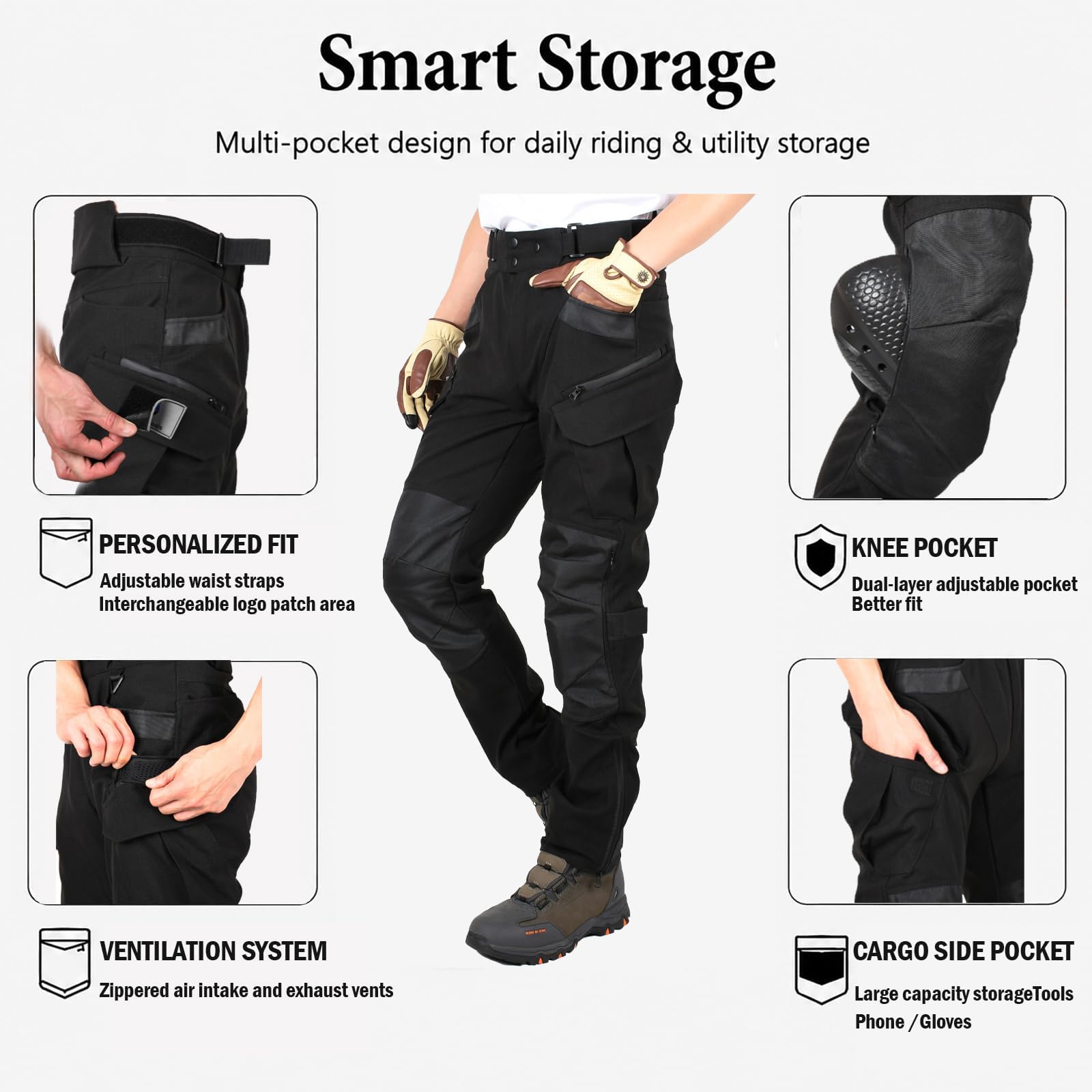 Motorradhose Herren Cargo aus Oxford-Gewebe, Biker Hose mit Belüftung, Mehrtaschen-Design, Ergonomischem Schnitt und Verstellbarem Bund für Alltag, Pendeln & Touring