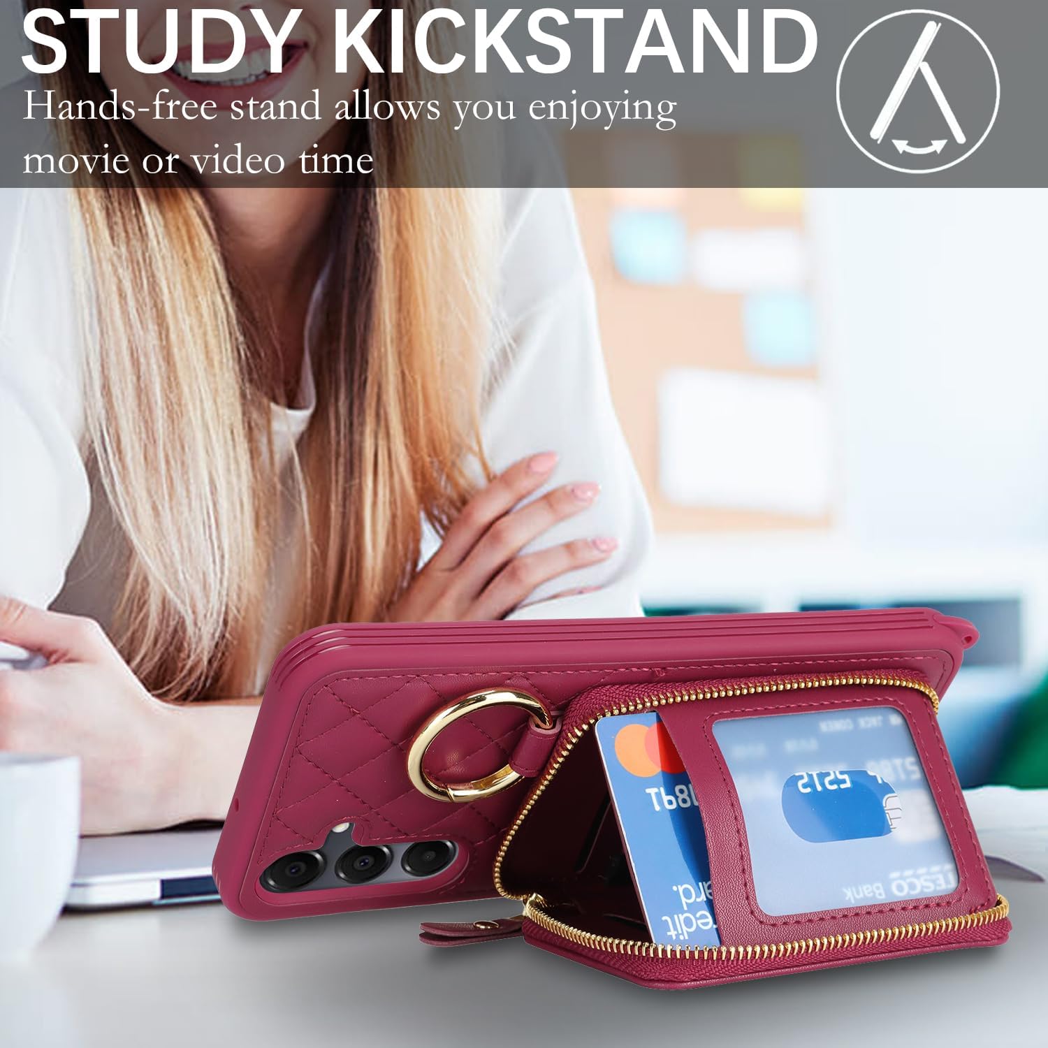 Crossbody Wallet Case for Galaxy A16, PU Leather Zipper Handbag Purse Flip Cover, Kickstand Folio Case with Card Slots Holder Wrist Strap Lanyard -Dark red