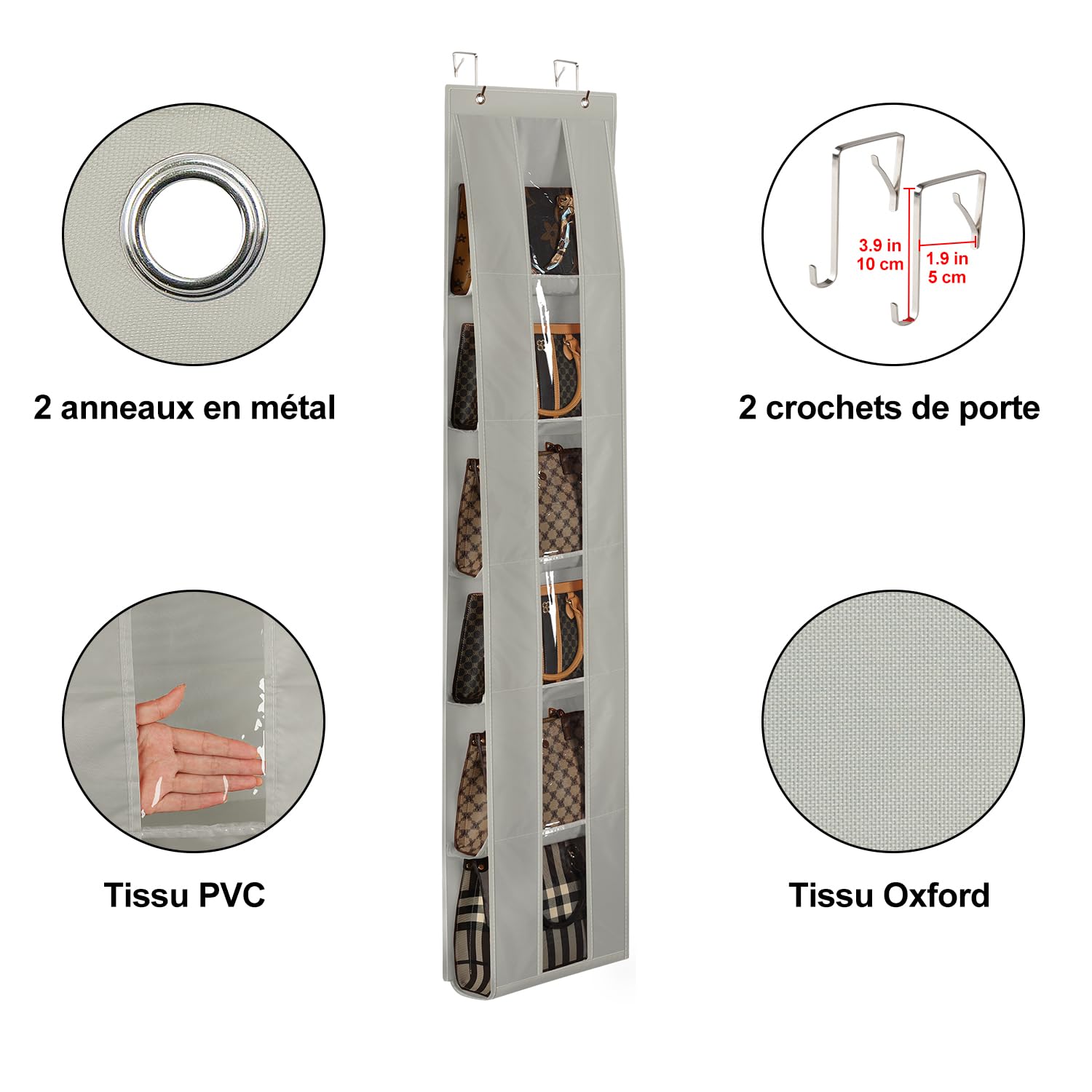 Rangement Suspendu Porte Organisateur De Sacs à Accrocher Sur Porte - Pack De 2 Avec 6 Poches Transparentes - Rangement Placard Ou Salle De Bain