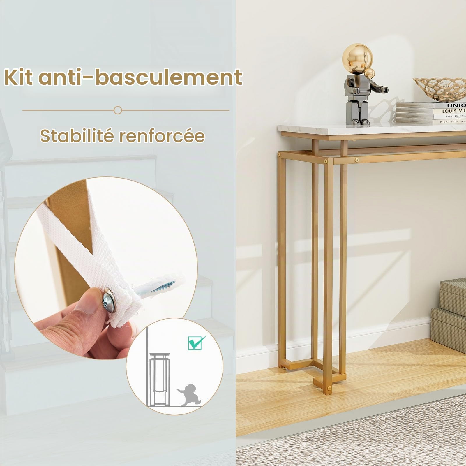 LIFEZEAL Table Console Effet Marbre, Meuble Console Moderne, Table d'Entrée, Cadre en Métal,Gain de Place, pour Couloir, Salon, Entrée, 120 x 30 x 80,5 CM, Or