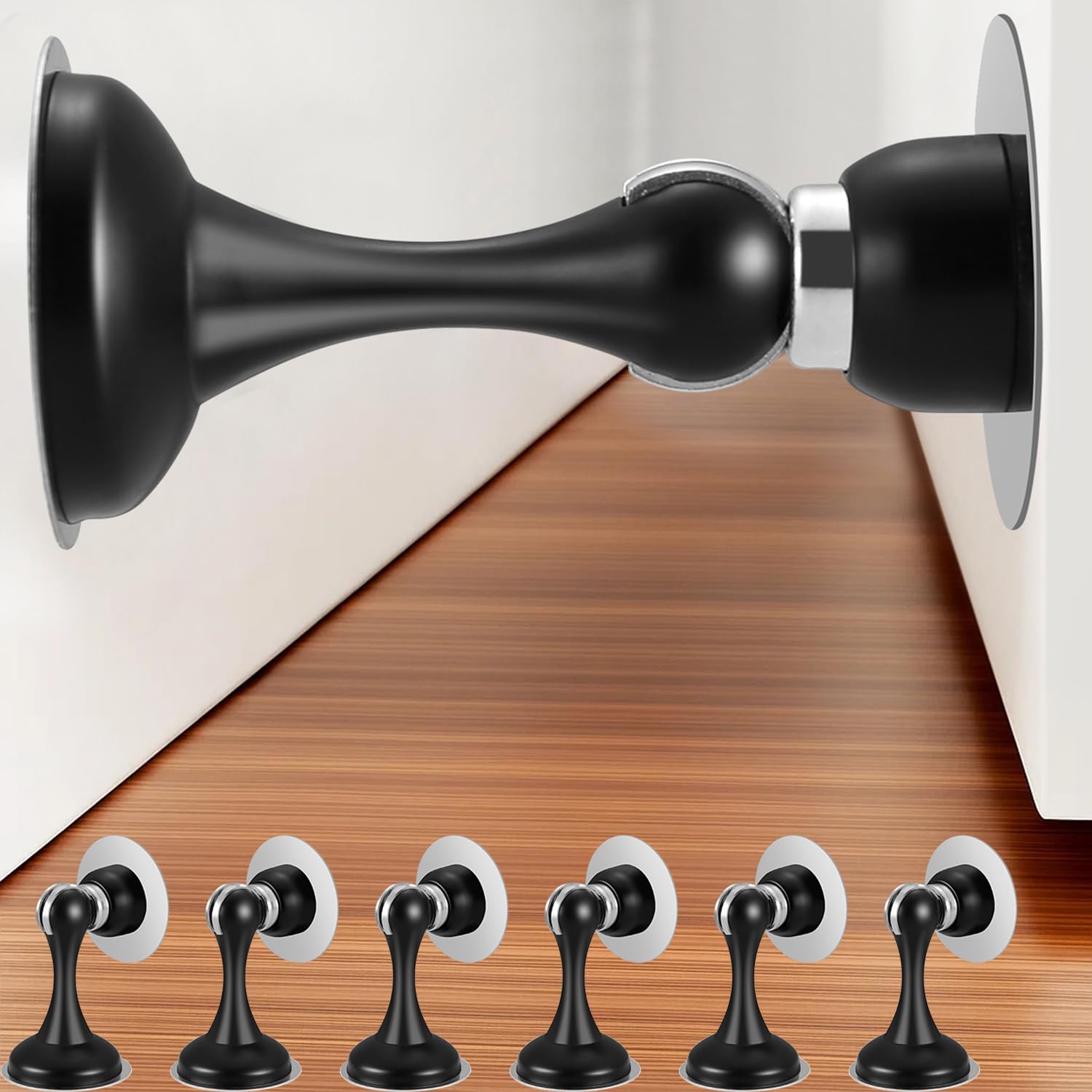 Magnetic Door Stop No Drilling Door Stop with Adhesive Tapes Keep Door Open Door Stainless Steel Screws for Stronger Mount (Black 6 Pack)