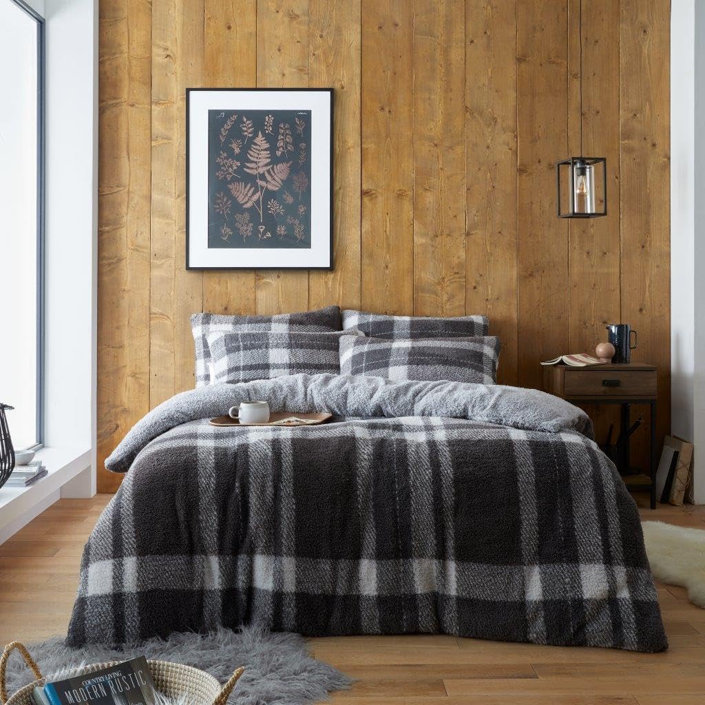 Lizzie Jacobs Grey Windsor Check Pattern Teddy Sherpa Fleece Duvet Cover Sets Super Soft Warm Cosy Thermal Quilt Covers Bedding Sets With Pillowcases (Grey/Charcoal, King)