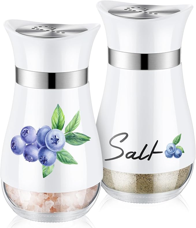 Maxdot 2 Pcs Salt and Pepper Shakers Set Cute Stainless Steel Salt Pepper Containers with Glass Bottle for Kitchen Cooking, BBQ, Bar, Table, RV, Camp(Blueberry)