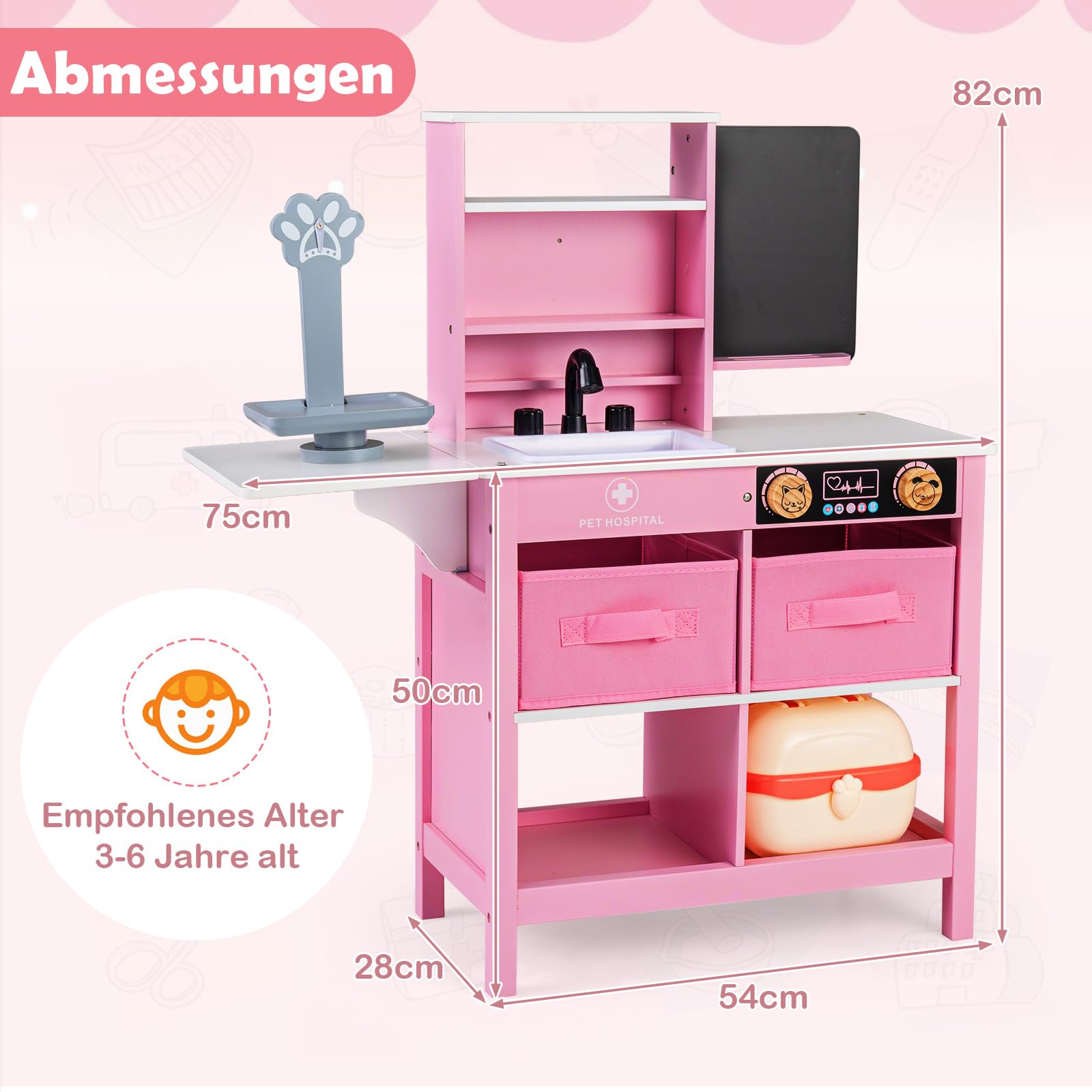 COSTWAY Krankenhaus Spielzeug Kinder, Arztkoffer mit Tafel & klappbarer Tischplatte, medizinisches Spielset inkl. Stethoskop, Tierwaage usw. , Tierarzt Doktor-Spiezeug für Kinder ab 3 Jahren (Rosa)