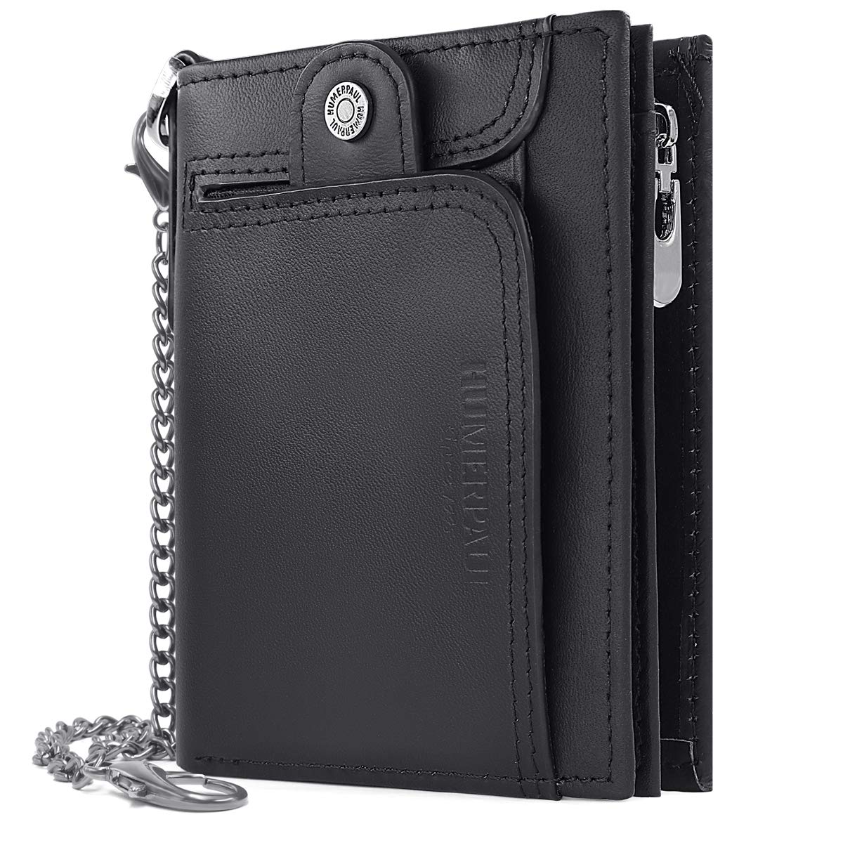 HNOOM Cartera Hombre Piel con Monedero Billetera Hombre con RFID Bloqueo Billeteras Bifold Hombres Monedero Hombre Pequeño con Cremallera 14 Ranuras para Tarjetas Carteras para Hombre con Cadena