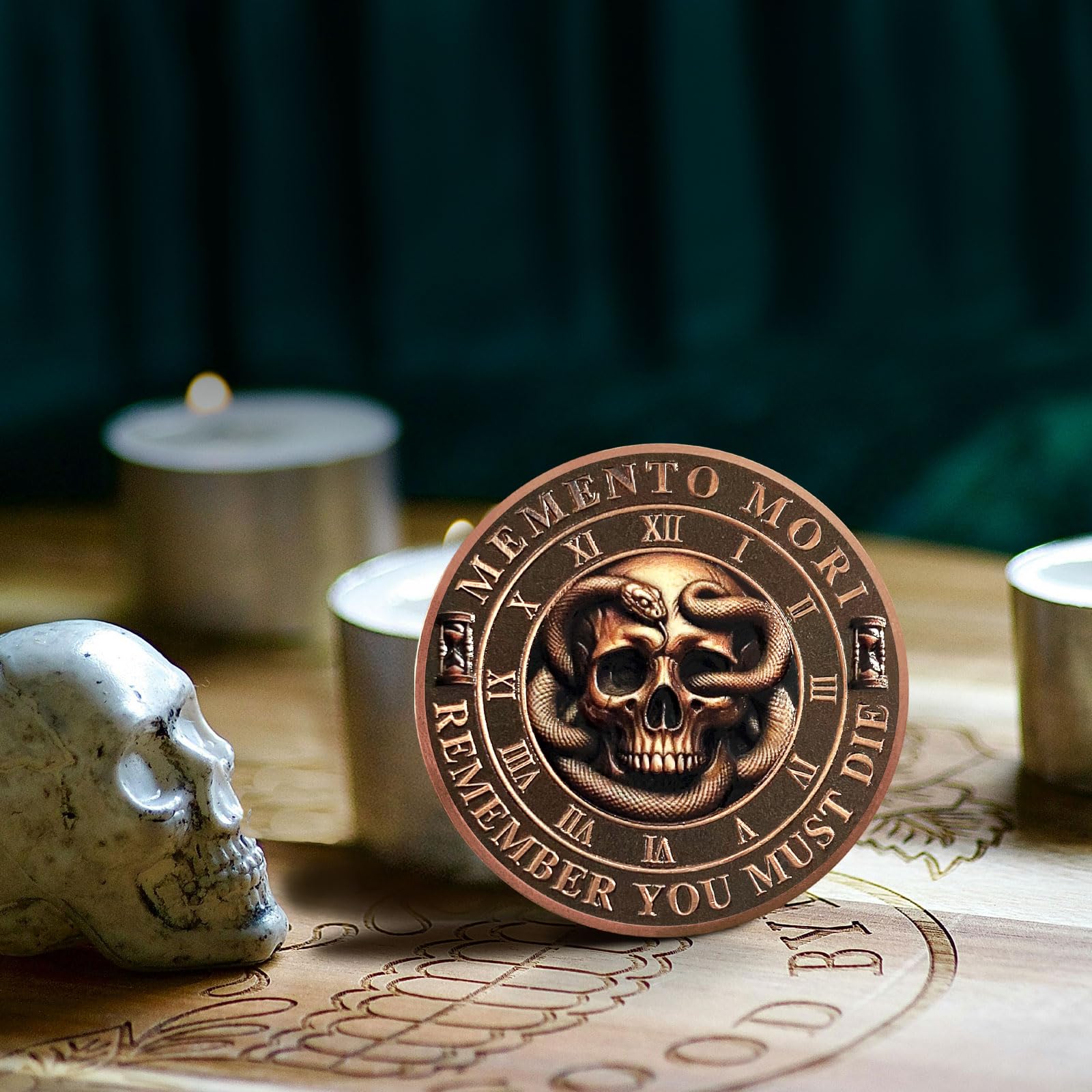 AtSKnSK Memento Mori Moneda Memento Vivere Monedas Árbol de la Vida Moneda Calavera Desafío Moneda Medallón Chip Regalo Estoico Memento Moneda Memento Vivera Moneda Moneda Moneda Calavera