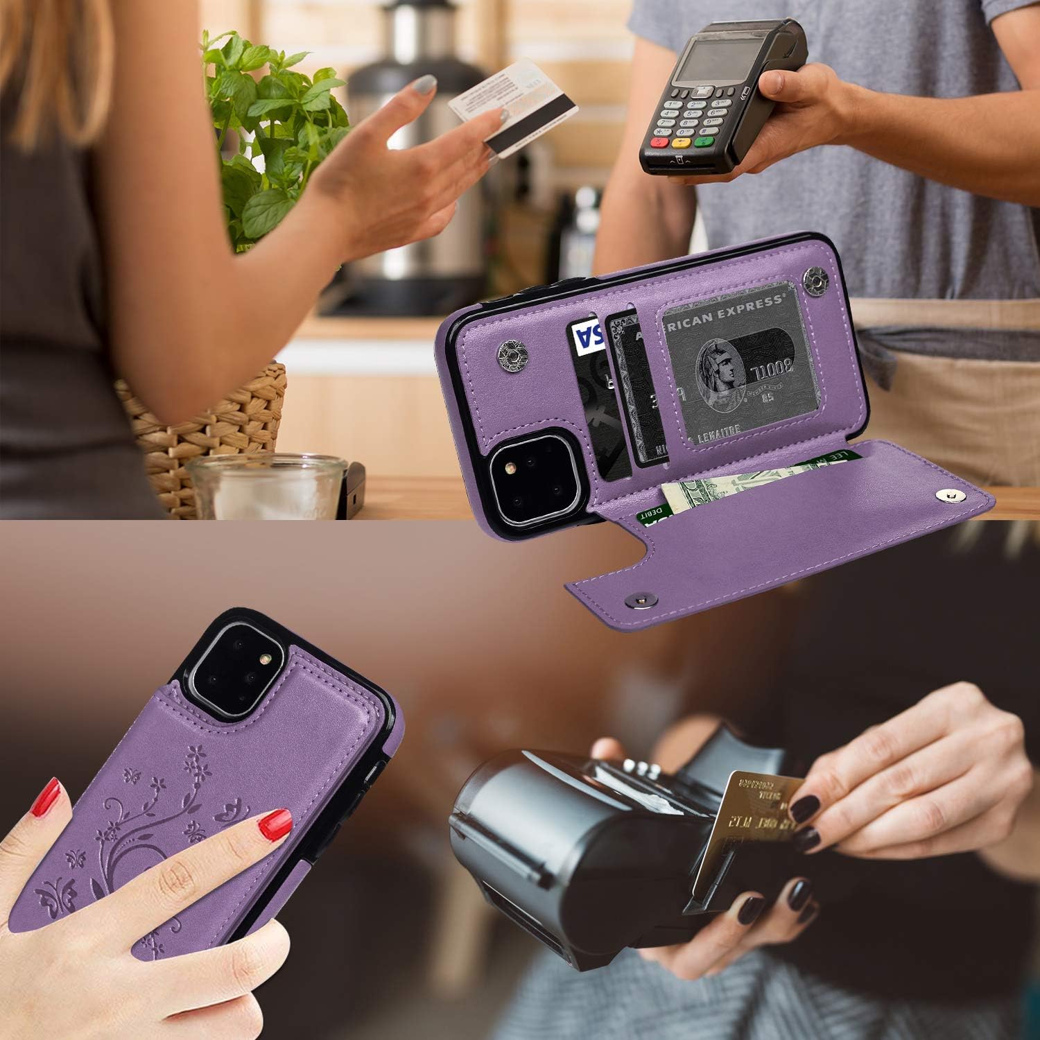 SUPWALL Compatible with iPhone 11 Pro Wallet Case, Case with Card Holder Embossed Butterfly Premium PU Leather Double Magnetic Buttons Flip Shockproof Protective Cover for iPhone 11 5.8 inch, Purple