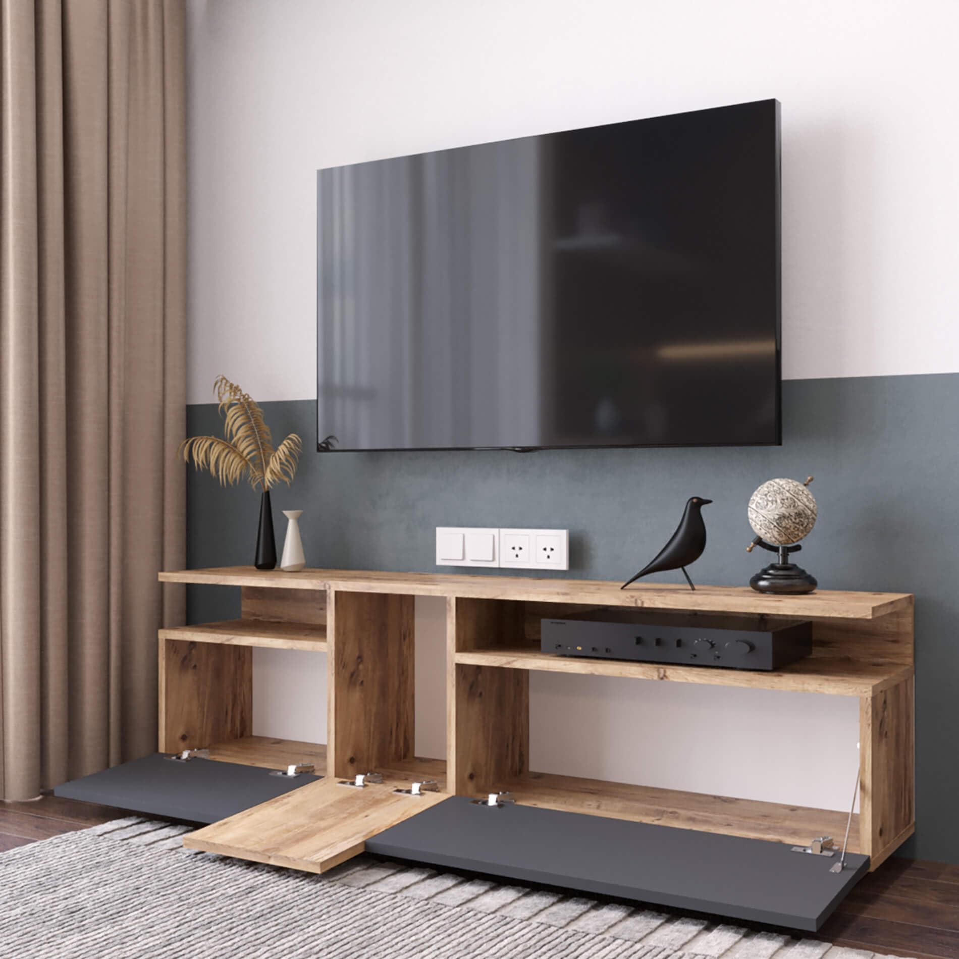 Rebecca Mobili Mobile Tv, Armadio Stand Tv, Color Rovere Grigio Scuro, Truciolato, per Salotto, Stabile, Stile Moderno - Misure HxLxP: 46,5 x 150 x 29,5 cm - Art. RE7078