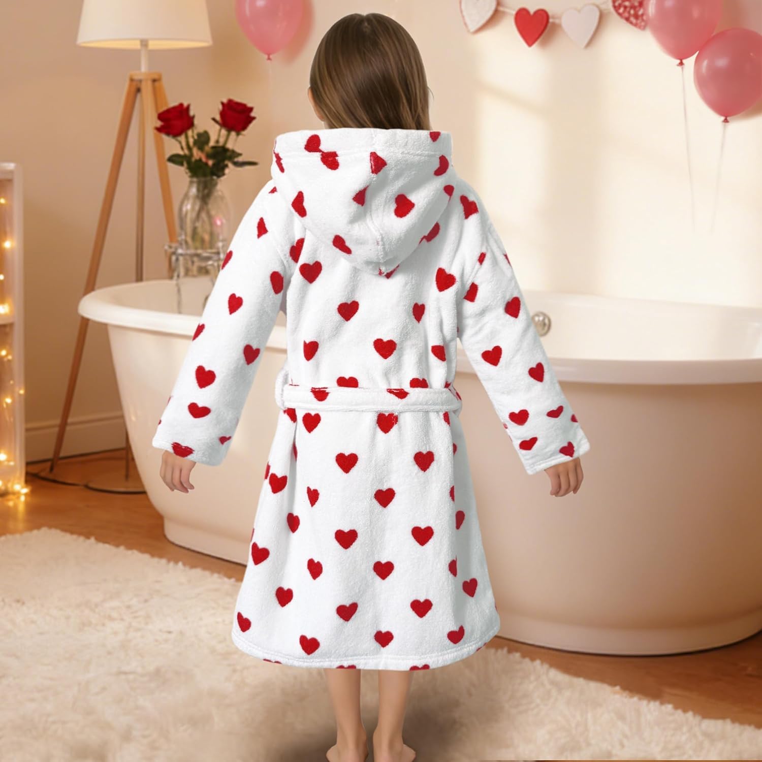 VOOVA & MOVAS Hooded Towel Robe for Girls 5-6Years,Slim Fit,Premium 100% Cotton, Super Soft Absorbent Bathrobe,Love Heart Pattern